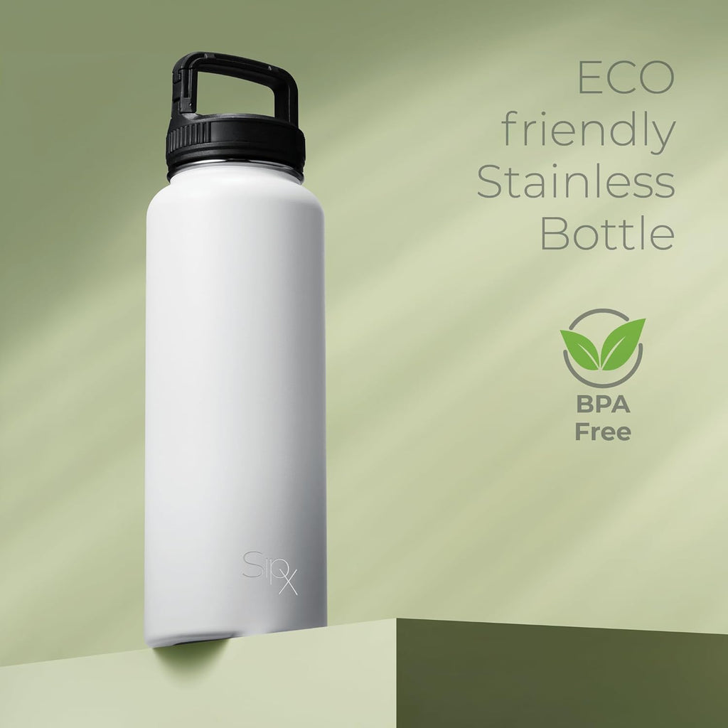 SIPX™ 40 oz Insulated Water Bottle with 3 Lids – Leakproof Stainless Steel, Triple Insulated – Cold 24 Hours/Hot 12 Hours – Durable Bottle for School, Gym, Travel – White