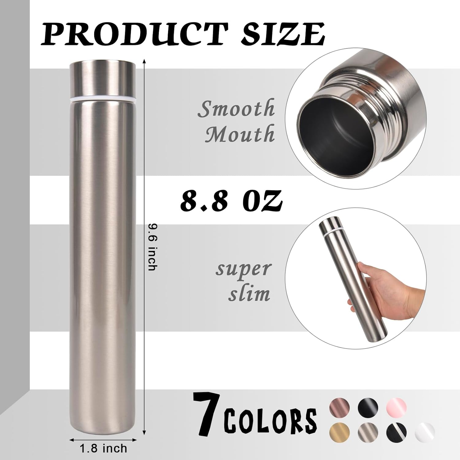 ChezMax Slim Thin Stainless Steel Vacuum Insulated Water Bottle Leak Proof Eco-Friendly Travel Cup Sports Drink Bottle 8.8OZ Silvery