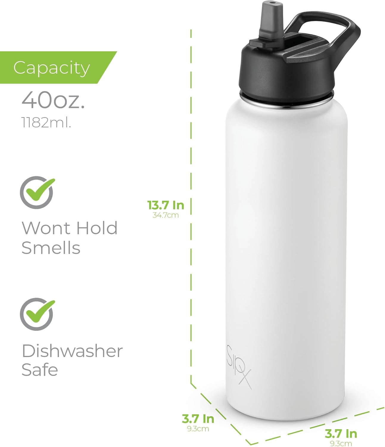 SIPX™ 40 oz Insulated Water Bottle with 3 Lids – Leakproof Stainless Steel, Triple Insulated – Cold 24 Hours/Hot 12 Hours – Durable Bottle for School, Gym, Travel – White