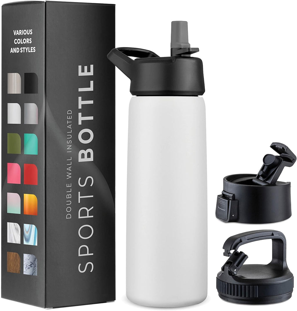 Triple-Insulated Stainless Steel Water Bottles with Straw, 25 Oz Reusable Insulated Water Bottles with 3 Lids, Metal Water Bottle for Travel, School, Sports, Gym/Men, Women & Kids (Pearly White)