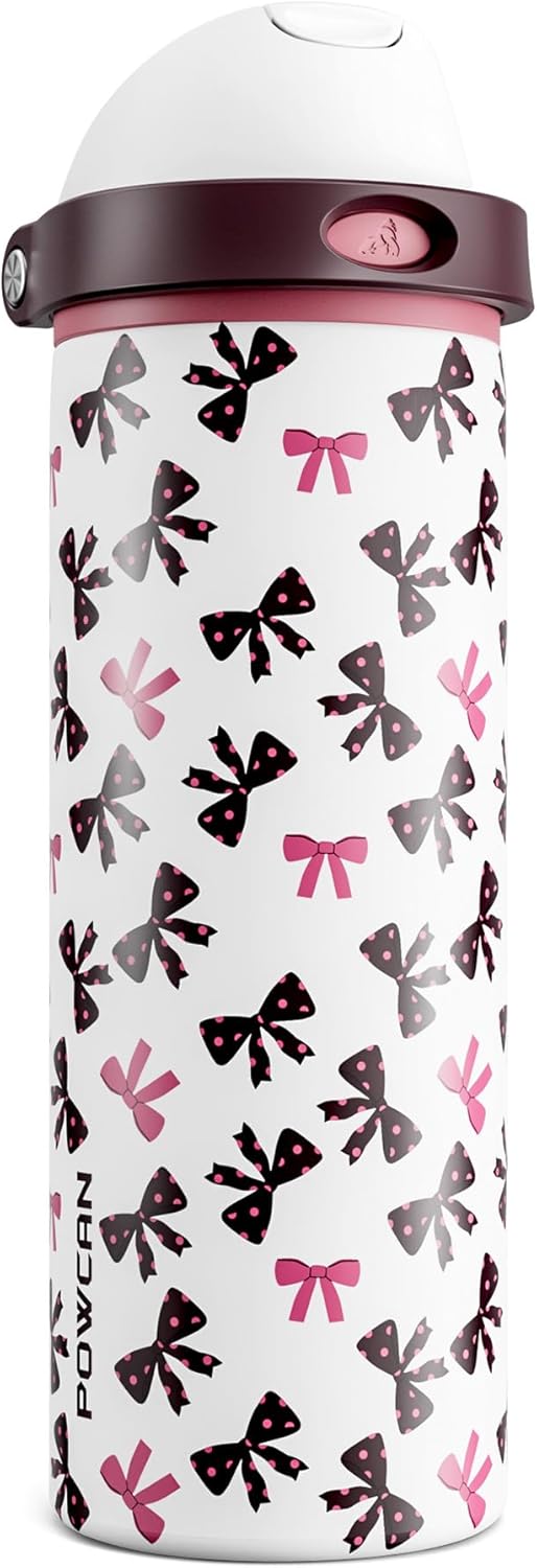 POWCAN 24 oz Insulated Water Bottle with Straw: 2-in-1 Push-Button Spout & Quick-Flip Straw, Leakproof, Cold 24Hrs, Fits Car Cup Holder, Stainless Sports Bottle for Gym, Travel Gift (Pretty in Bows)