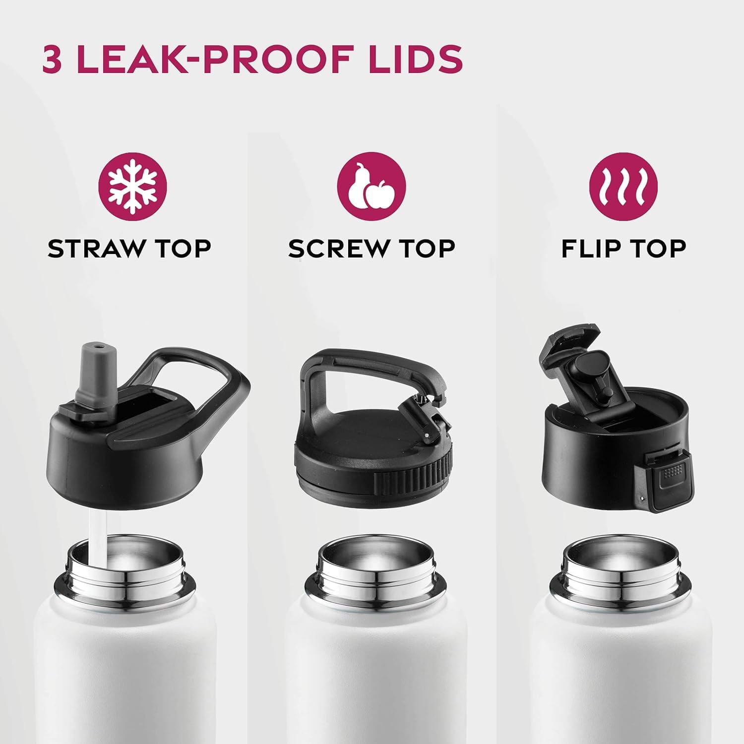 Triple-Insulated Stainless Steel Water Bottles with Straw, 25 Oz Reusable Insulated Water Bottles with 3 Lids, Metal Water Bottle for Travel, School, Sports, Gym/Men, Women & Kids (Pearly White)