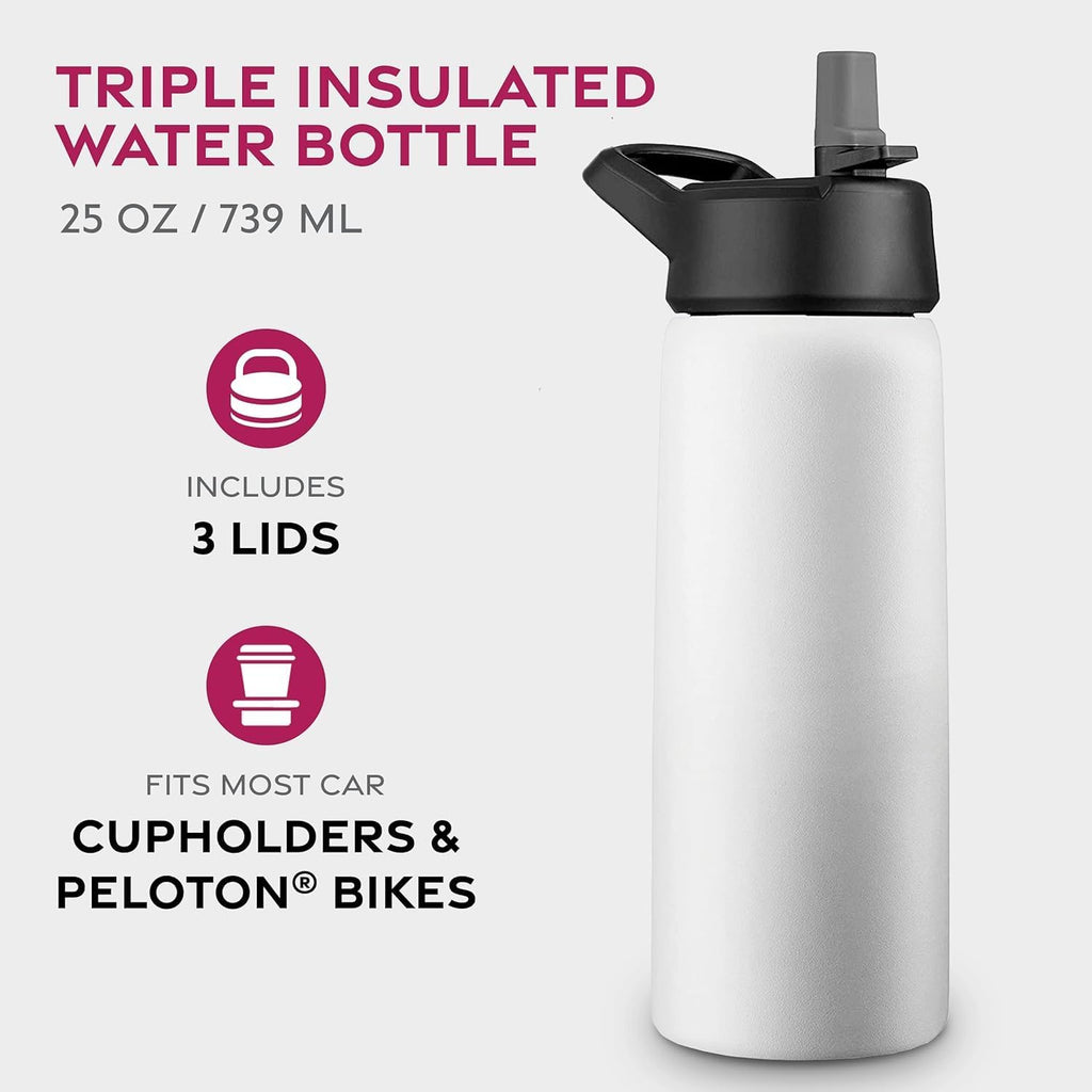 Triple-Insulated Stainless Steel Water Bottles with Straw, 25 Oz Reusable Insulated Water Bottles with 3 Lids, Metal Water Bottle for Travel, School, Sports, Gym/Men, Women & Kids (Pearly White)