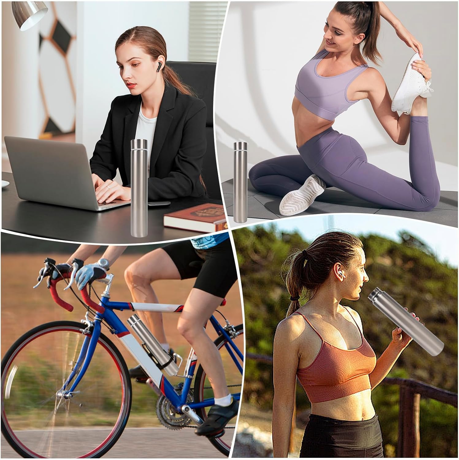 ChezMax Slim Thin Stainless Steel Vacuum Insulated Water Bottle Leak Proof Eco-Friendly Travel Cup Sports Drink Bottle 8.8OZ Silvery