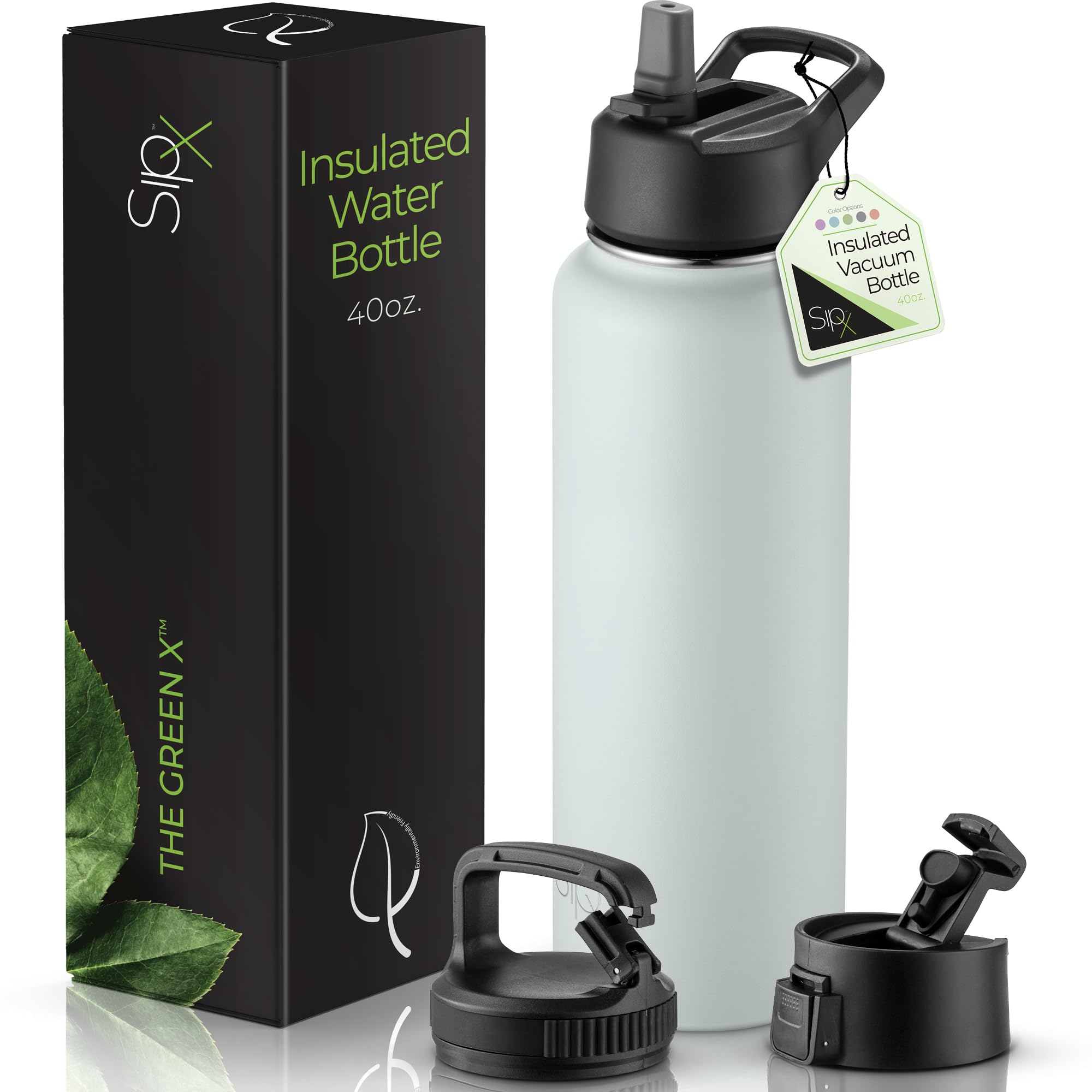 SIPX™ 40 oz Insulated Water Bottle with 3 Lids – Leakproof Stainless Steel, Triple Insulated – Cold 24 Hours/Hot 12 Hours – Durable Bottle for School, Gym, Travel – White