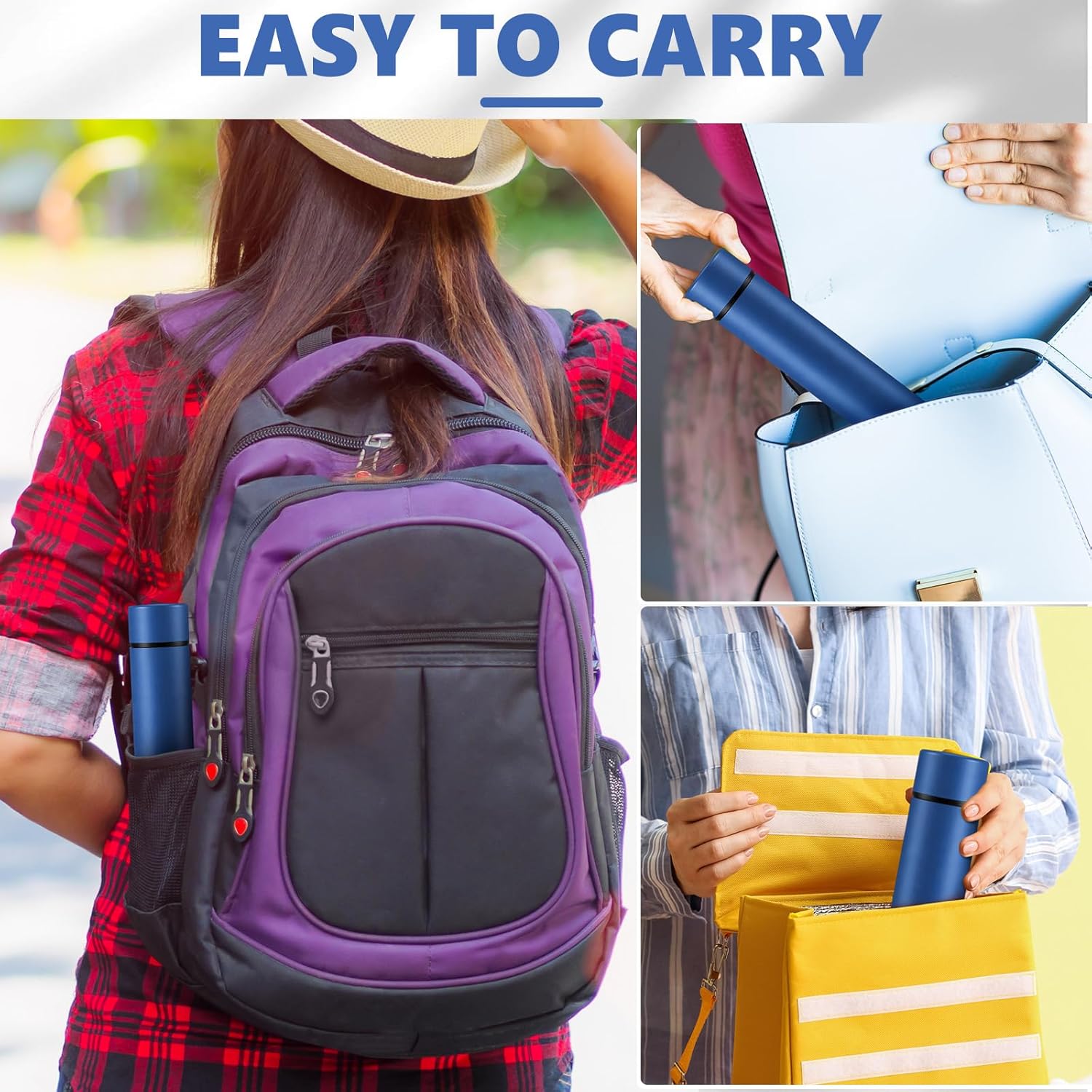 Vesici Slim Water Bottle 8.8 oz Small Stainless Steel Purse Insulated Water Bottles Camping Travel Backpack Pocket Flask for Car Cold Coffee Tea (Dark Blue,1 Pack)