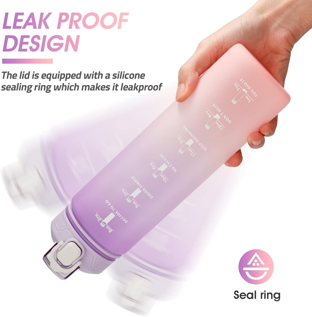 YC Kitchen Motivational Water Bottle with Time Marker- 32oz Water Bottles with Times to Drink, Leakproof & BPA Free Sports Water Bottle with Straw & Carry Strap for Fitness, Gym, and Outdoor Sports