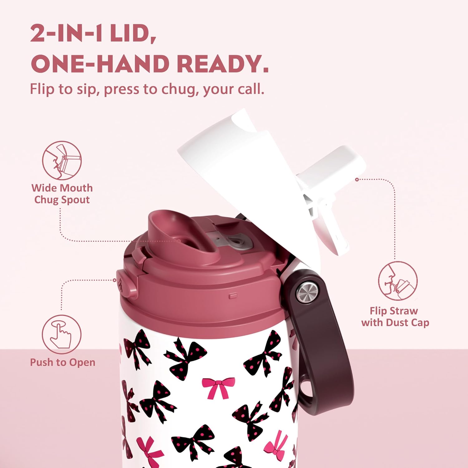 POWCAN 24 oz Insulated Water Bottle with Straw: 2-in-1 Push-Button Spout & Quick-Flip Straw, Leakproof, Cold 24Hrs, Fits Car Cup Holder, Stainless Sports Bottle for Gym, Travel Gift (Pretty in Bows)