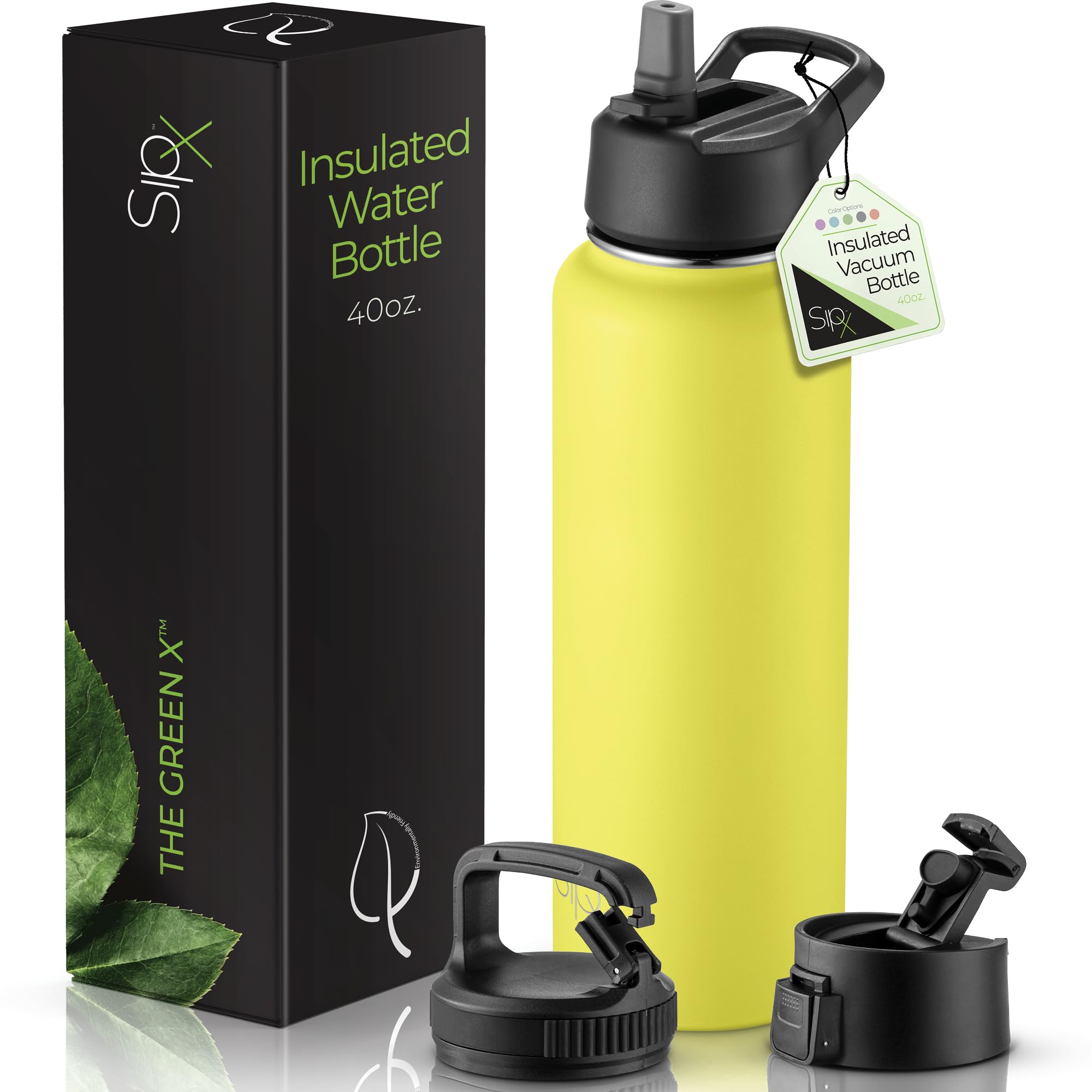 SIPX™ 40 oz Insulated Water Bottle with 3 Lids – Leakproof Stainless Steel, Triple Insulated – Cold 24 Hours/Hot 12 Hours – Durable Bottle for School, Gym, Travel – White