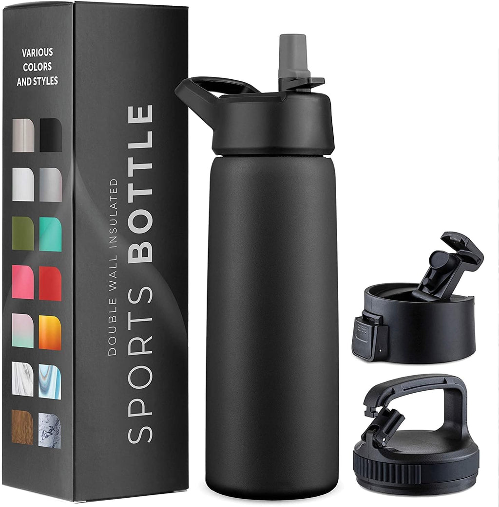 Triple-Insulated Stainless Steel Water Bottles with Straw, 25 Oz Reusable Insulated Water Bottles with 3 Lids, Metal Water Bottle for Travel, School, Sports, Gym/Men, Women & Kids (Pearly White)