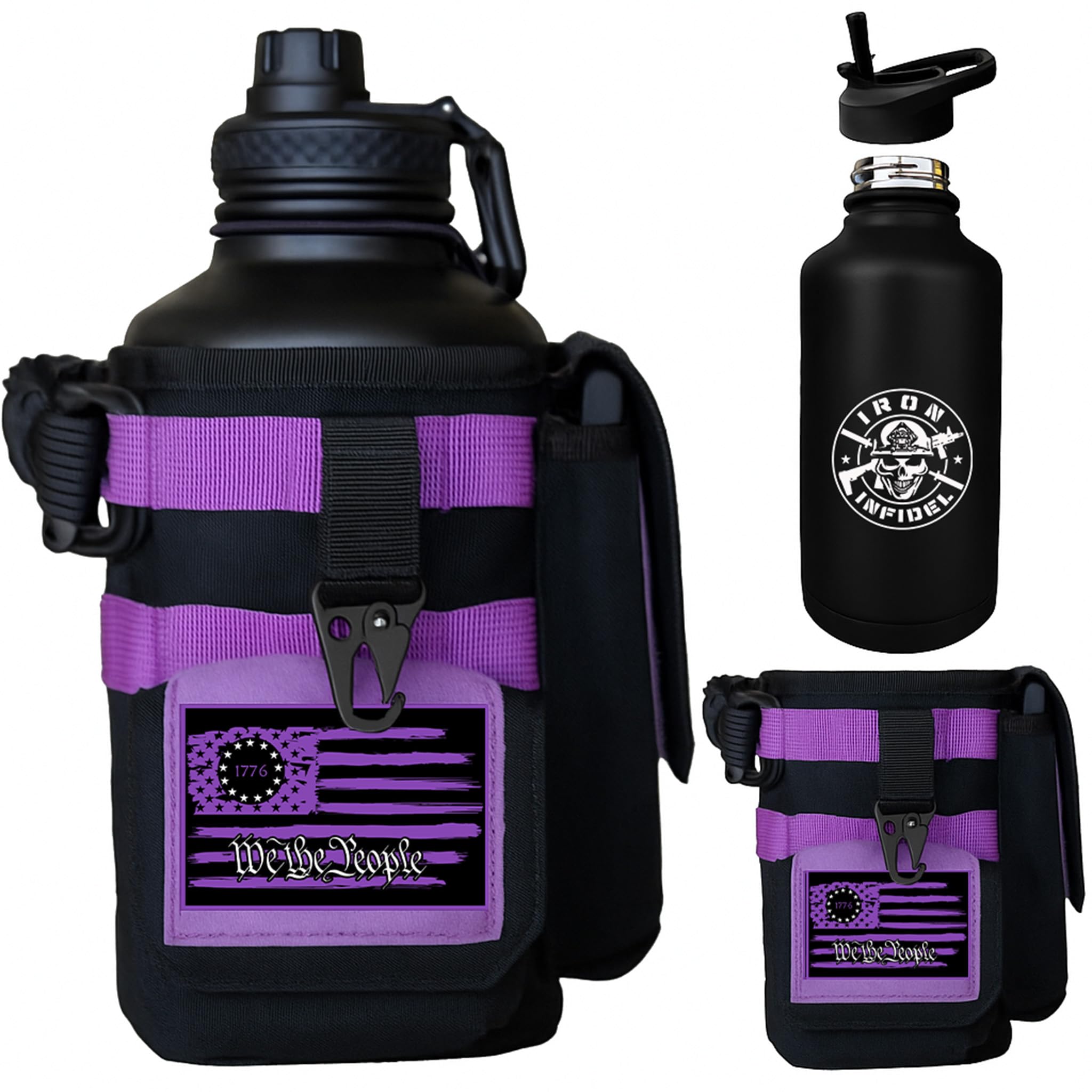 Iron Infidel Battle Bottle - Half Gallon Insulated Water Bottle with Paracord Handle - Large 64 oz Stainless Steel Water Jug & Rugged, Removable Sleeve For Keys, Wallet, Phone (Black Camo 2 Liter)
