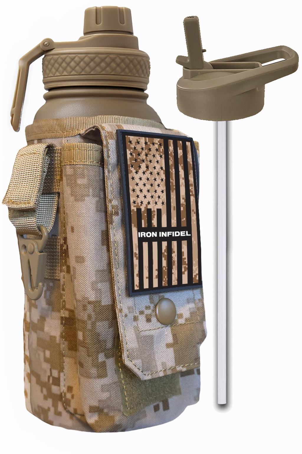 Iron Infidel Battle Bottle - Half Gallon Insulated Water Bottle with Paracord Handle - Large 64 oz Stainless Steel Water Jug & Rugged, Removable Sleeve For Keys, Wallet, Phone (Black Camo 2 Liter)