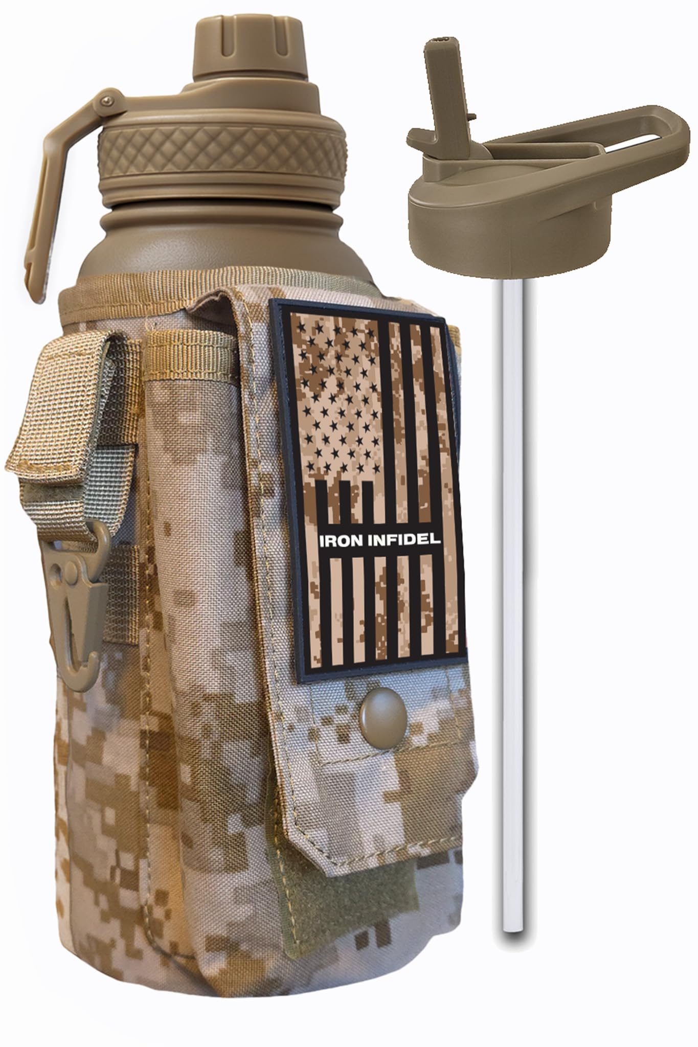 Iron Infidel Battle Bottle - Half Gallon Insulated Water Bottle with Paracord Handle - Large 64 oz Stainless Steel Water Jug & Rugged, Removable Sleeve For Keys, Wallet, Phone (Black Camo 2 Liter)
