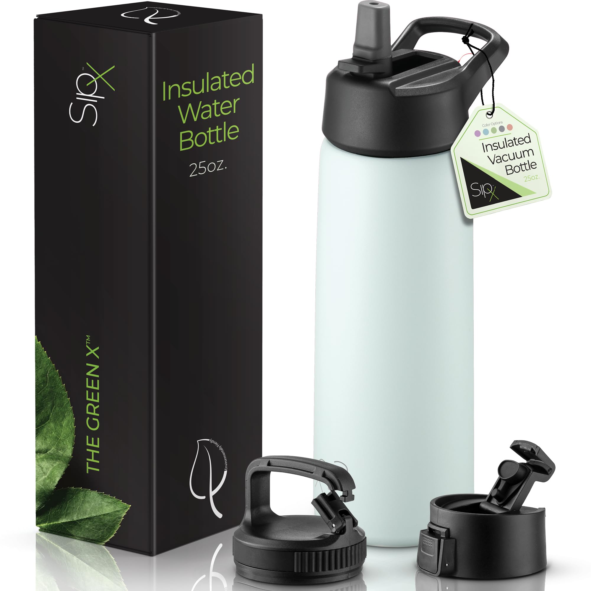 SIPX™ 40 oz Insulated Water Bottle with 3 Lids – Leakproof Stainless Steel, Triple Insulated – Cold 24 Hours/Hot 12 Hours – Durable Bottle for School, Gym, Travel – White