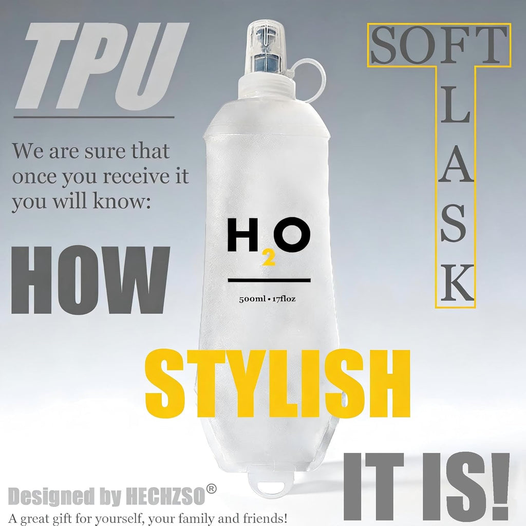 HECHZSO Collapsible TPU Soft Flask 500ml Leakproof Hydration Bottle with High-Flow Bite Valve for Hydration Vest Running, Hiking, Cycling & Climbing, Lightweight Foldable Water Bottle (1pc 500ml17oz)