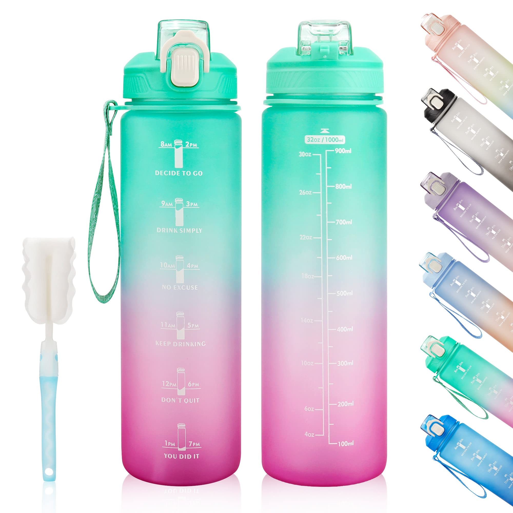 YC Kitchen Motivational Water Bottle with Time Marker- 32oz Water Bottles with Times to Drink, Leakproof & BPA Free Sports Water Bottle with Straw & Carry Strap for Fitness, Gym, and Outdoor Sports