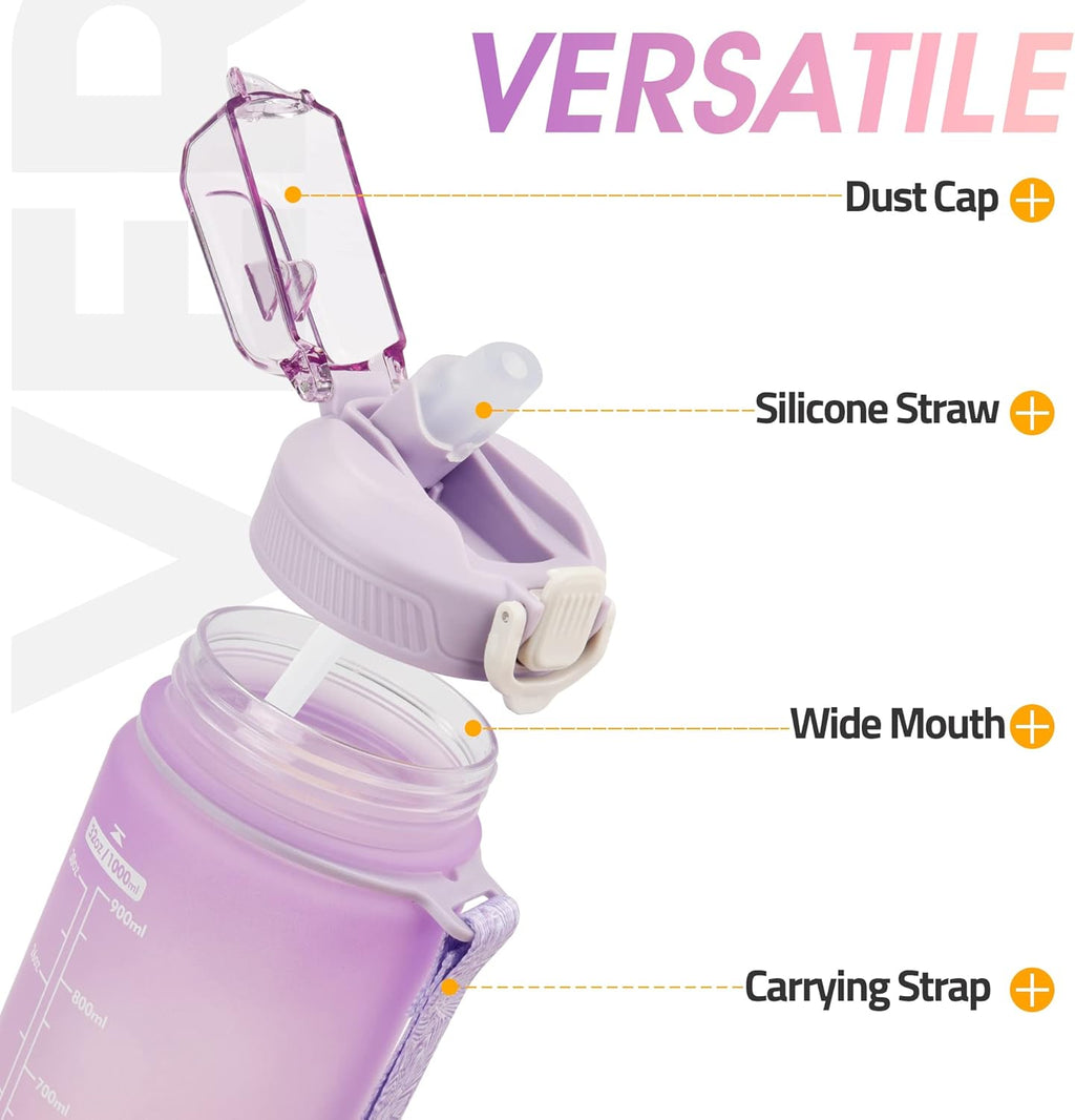 YC Kitchen Motivational Water Bottle with Time Marker- 32oz Water Bottles with Times to Drink, Leakproof & BPA Free Sports Water Bottle with Straw & Carry Strap for Fitness, Gym, and Outdoor Sports