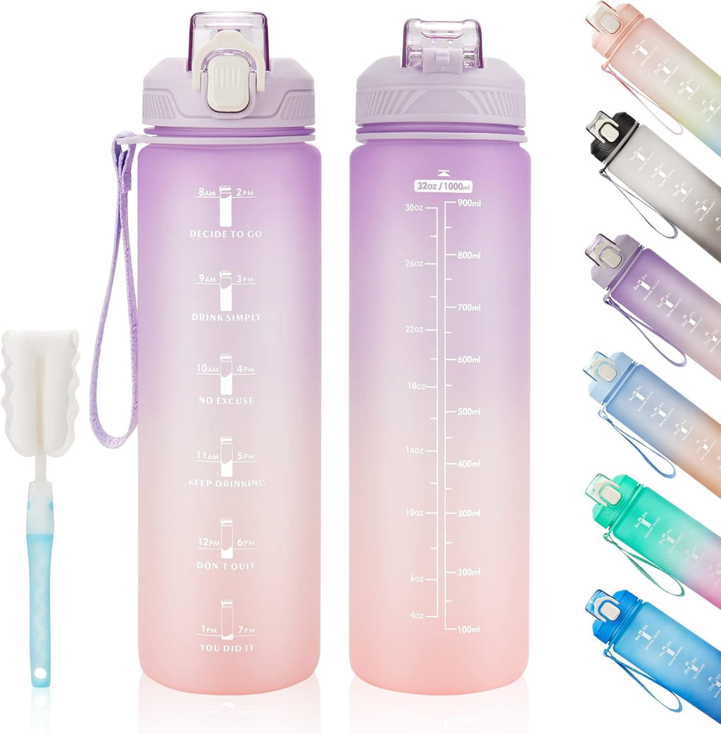 YC Kitchen Motivational Water Bottle with Time Marker- 32oz Water Bottles with Times to Drink, Leakproof & BPA Free Sports Water Bottle with Straw & Carry Strap for Fitness, Gym, and Outdoor Sports