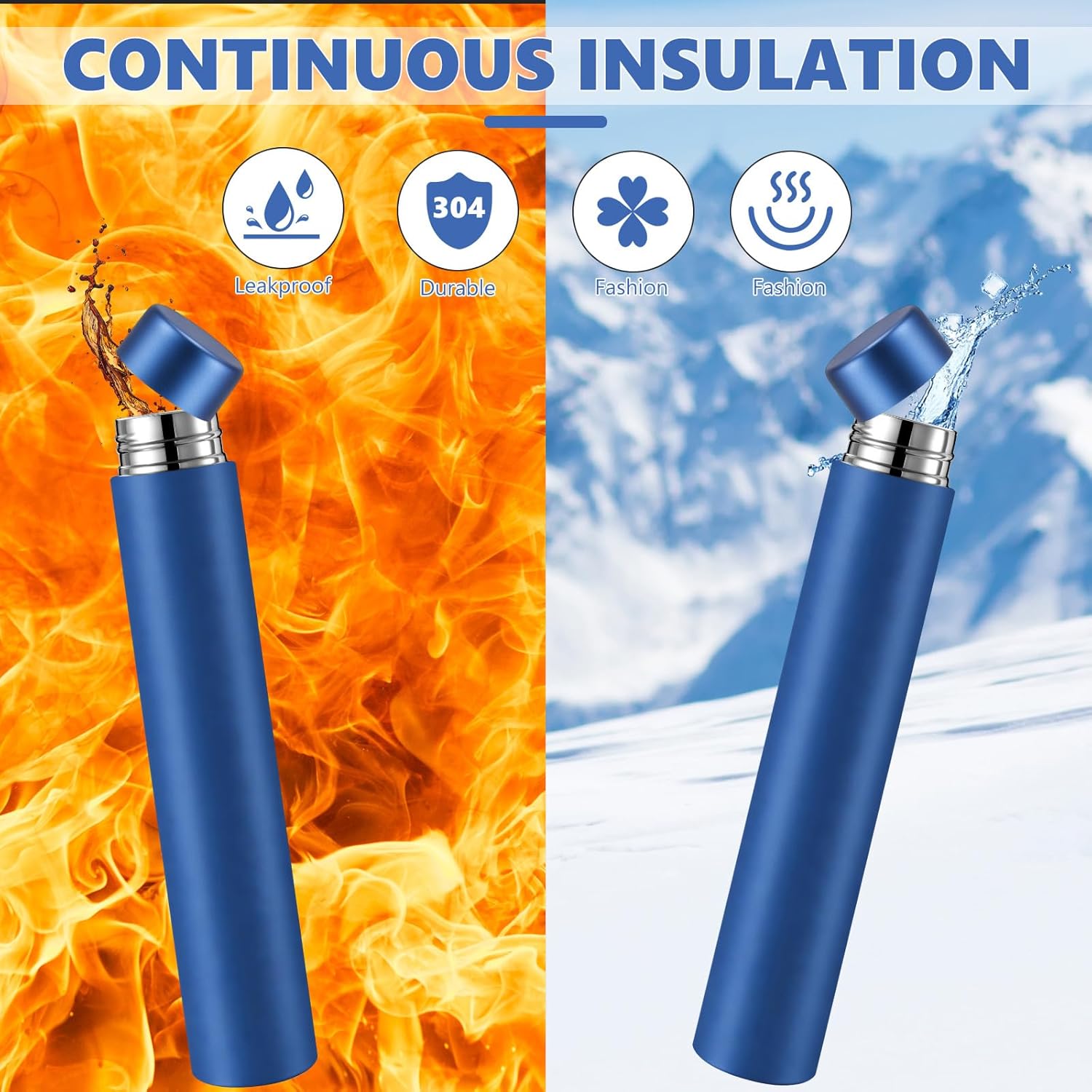 Vesici Slim Water Bottle 8.8 oz Small Stainless Steel Purse Insulated Water Bottles Camping Travel Backpack Pocket Flask for Car Cold Coffee Tea (Dark Blue,1 Pack)