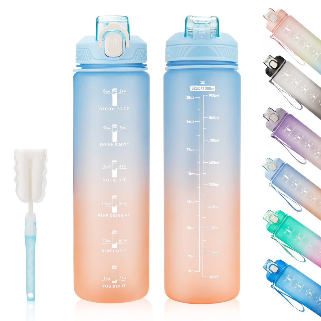 YC Kitchen Motivational Water Bottle with Time Marker- 32oz Water Bottles with Times to Drink, Leakproof & BPA Free Sports Water Bottle with Straw & Carry Strap for Fitness, Gym, and Outdoor Sports