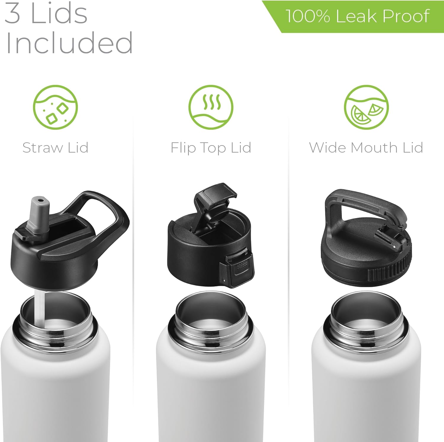 SIPX™ 40 oz Insulated Water Bottle with 3 Lids – Leakproof Stainless Steel, Triple Insulated – Cold 24 Hours/Hot 12 Hours – Durable Bottle for School, Gym, Travel – White