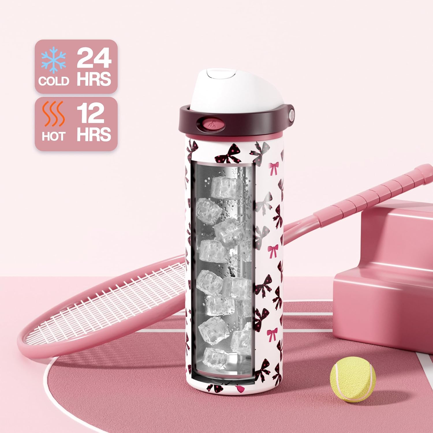 POWCAN 24 oz Insulated Water Bottle with Straw: 2-in-1 Push-Button Spout & Quick-Flip Straw, Leakproof, Cold 24Hrs, Fits Car Cup Holder, Stainless Sports Bottle for Gym, Travel Gift (Pretty in Bows)
