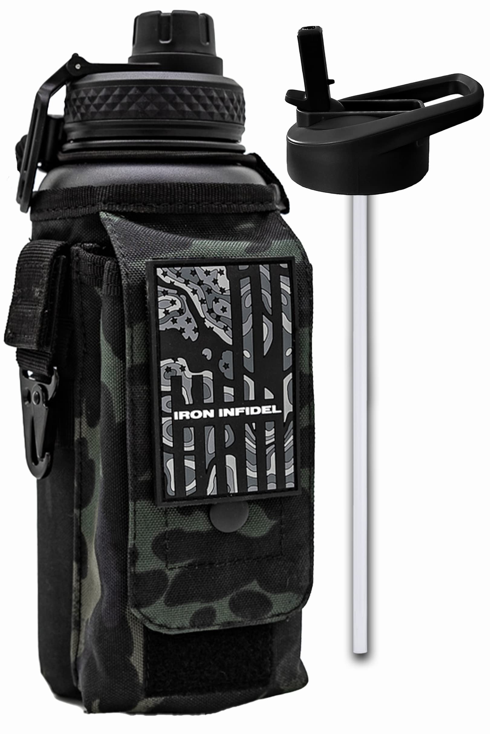 Iron Infidel Battle Bottle - Half Gallon Insulated Water Bottle with Paracord Handle - Large 64 oz Stainless Steel Water Jug & Rugged, Removable Sleeve For Keys, Wallet, Phone (Black Camo 2 Liter)
