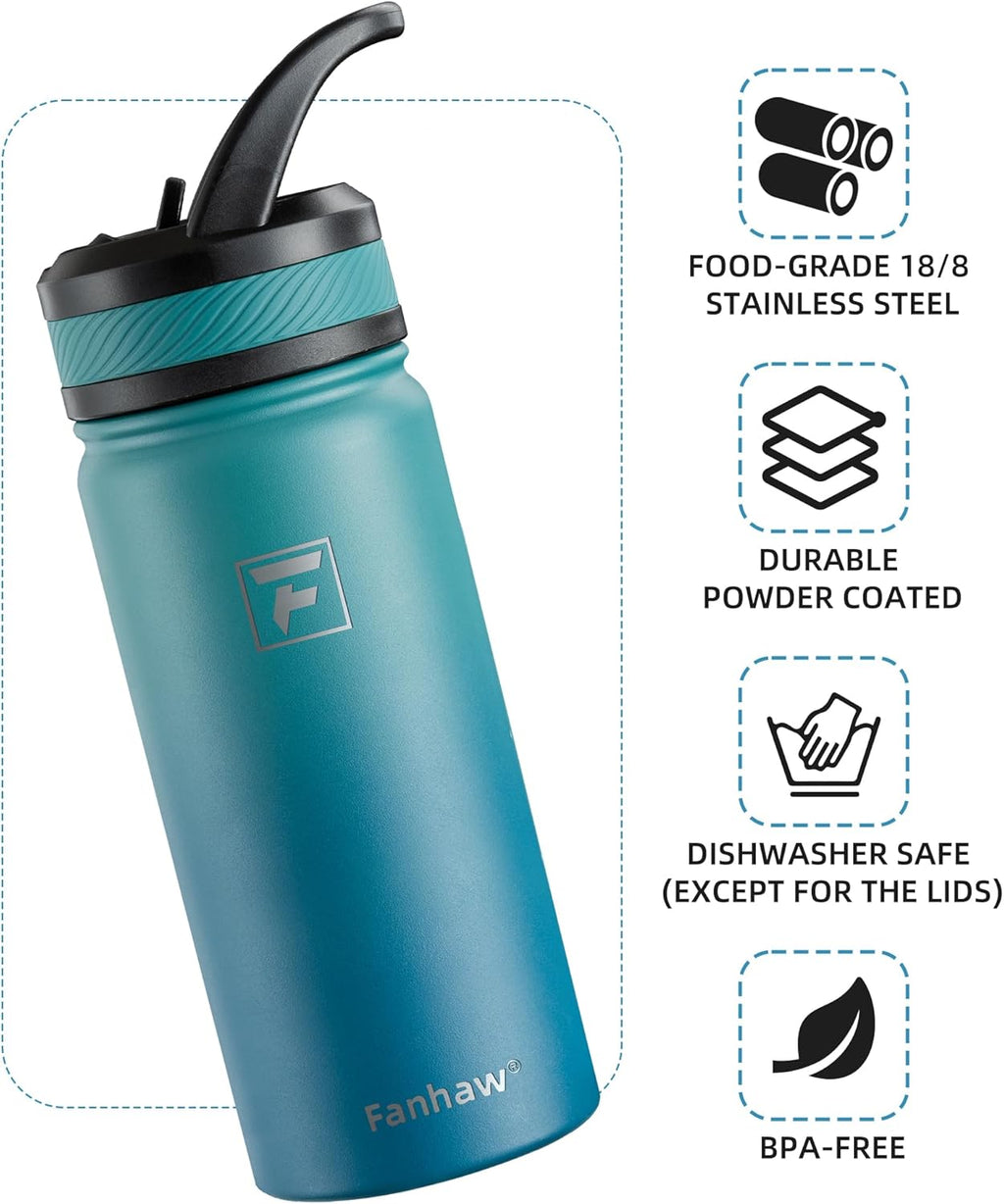 Fanhaw 18 Oz Kids Insulated Water Bottle with Straw Lid – Stainless Steel Double Wall Vacuum, Leak-Proof, BPA-Free Water Bottles for School Boys & Girls(Green Blue) | Kids, Double Wall Vacuum, Leak-Proof, BPA-Free, Water Bottles