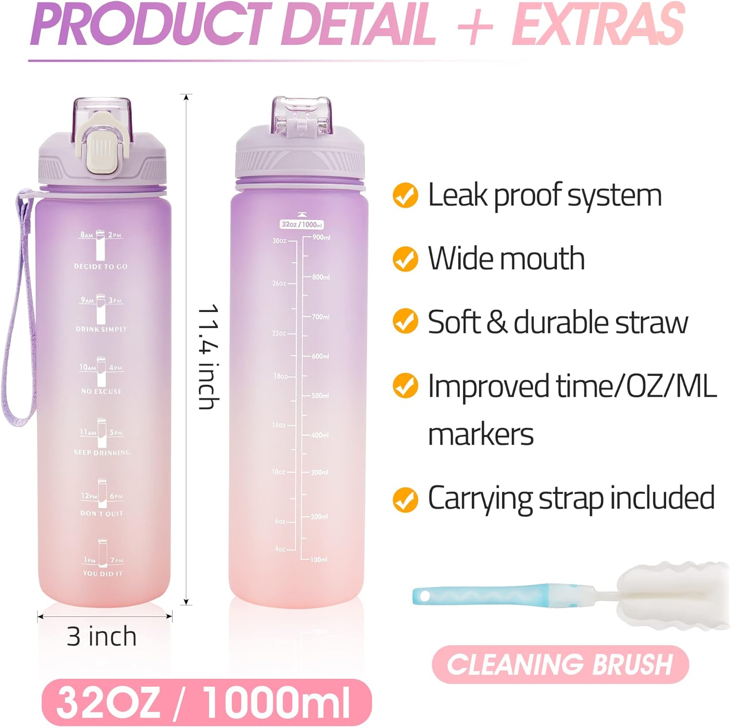 YC Kitchen Motivational Water Bottle with Time Marker- 32oz Water Bottles with Times to Drink, Leakproof & BPA Free Sports Water Bottle with Straw & Carry Strap for Fitness, Gym, and Outdoor Sports