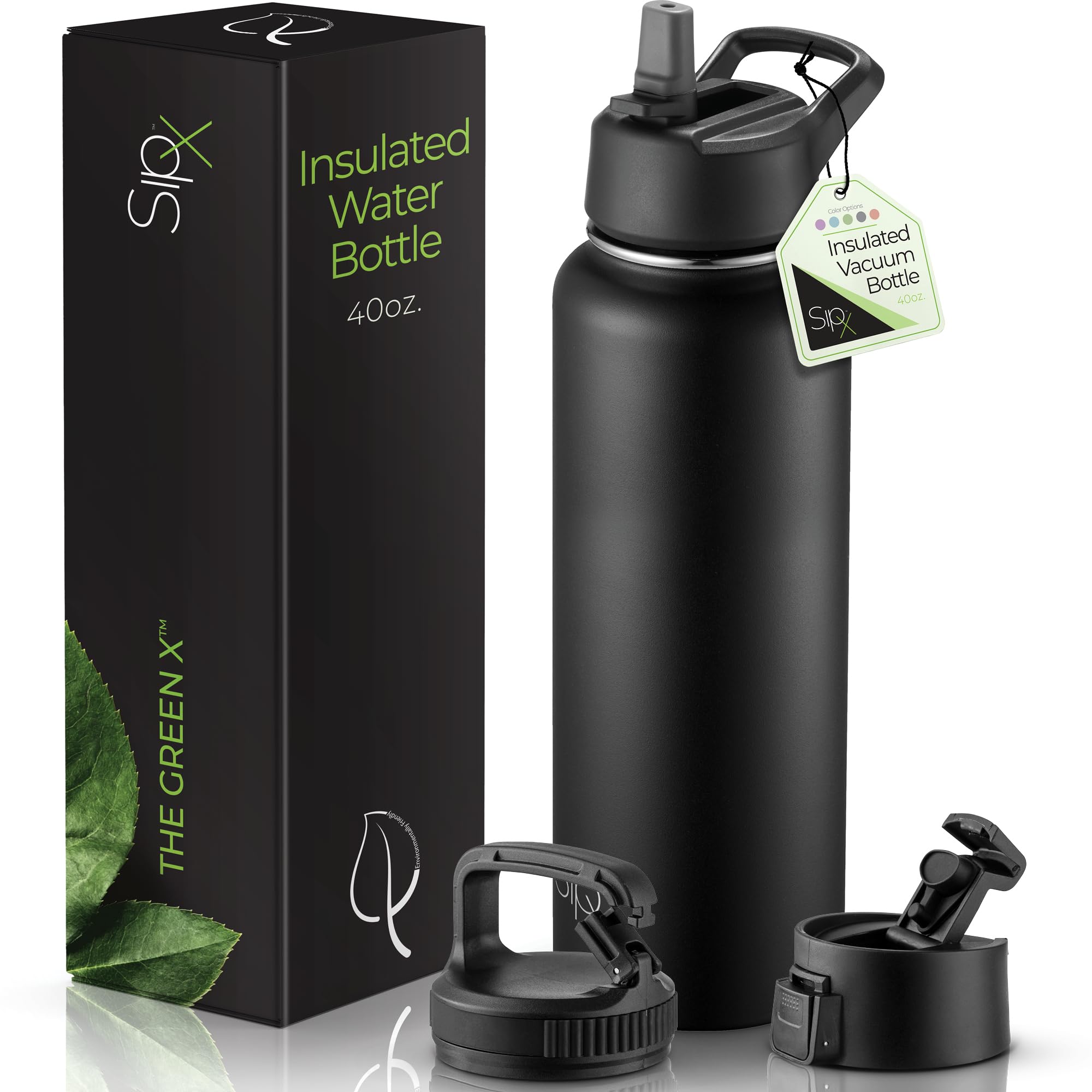 SIPX™ 40 oz Insulated Water Bottle with 3 Lids – Leakproof Stainless Steel, Triple Insulated – Cold 24 Hours/Hot 12 Hours – Durable Bottle for School, Gym, Travel – White