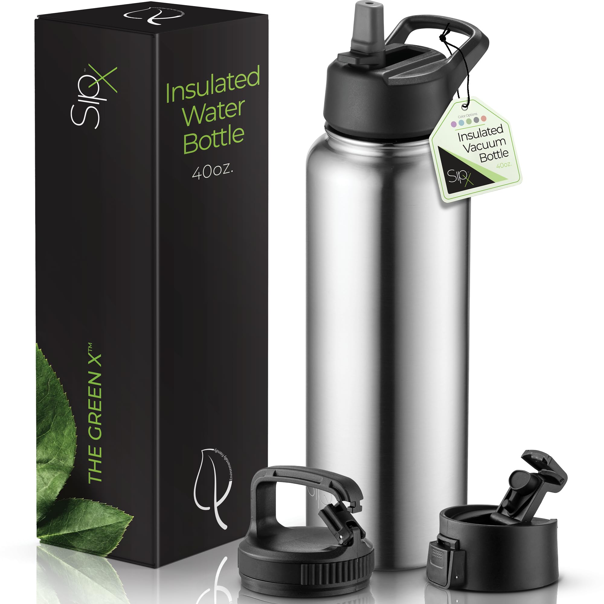 SIPX™ 40 oz Insulated Water Bottle with 3 Lids – Leakproof Stainless Steel, Triple Insulated – Cold 24 Hours/Hot 12 Hours – Durable Bottle for School, Gym, Travel – White