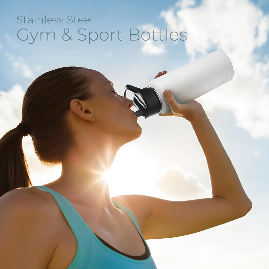 SIPX™ 40 oz Insulated Water Bottle with 3 Lids – Leakproof Stainless Steel, Triple Insulated – Cold 24 Hours/Hot 12 Hours – Durable Bottle for School, Gym, Travel – White