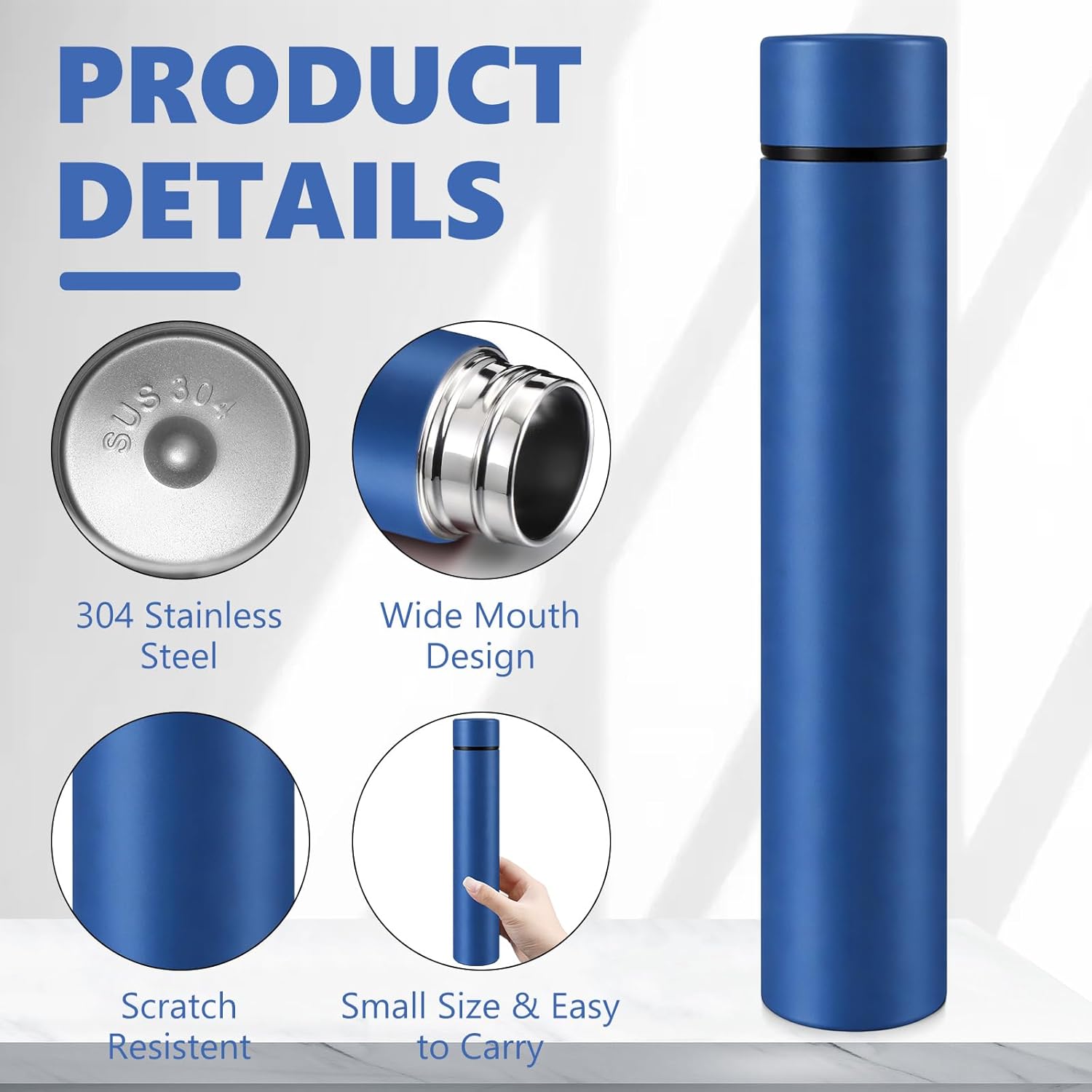 Vesici Slim Water Bottle 8.8 oz Small Stainless Steel Purse Insulated Water Bottles Camping Travel Backpack Pocket Flask for Car Cold Coffee Tea (Dark Blue,1 Pack)