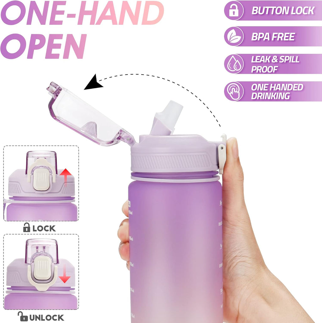 YC Kitchen Motivational Water Bottle with Time Marker- 32oz Water Bottles with Times to Drink, Leakproof & BPA Free Sports Water Bottle with Straw & Carry Strap for Fitness, Gym, and Outdoor Sports