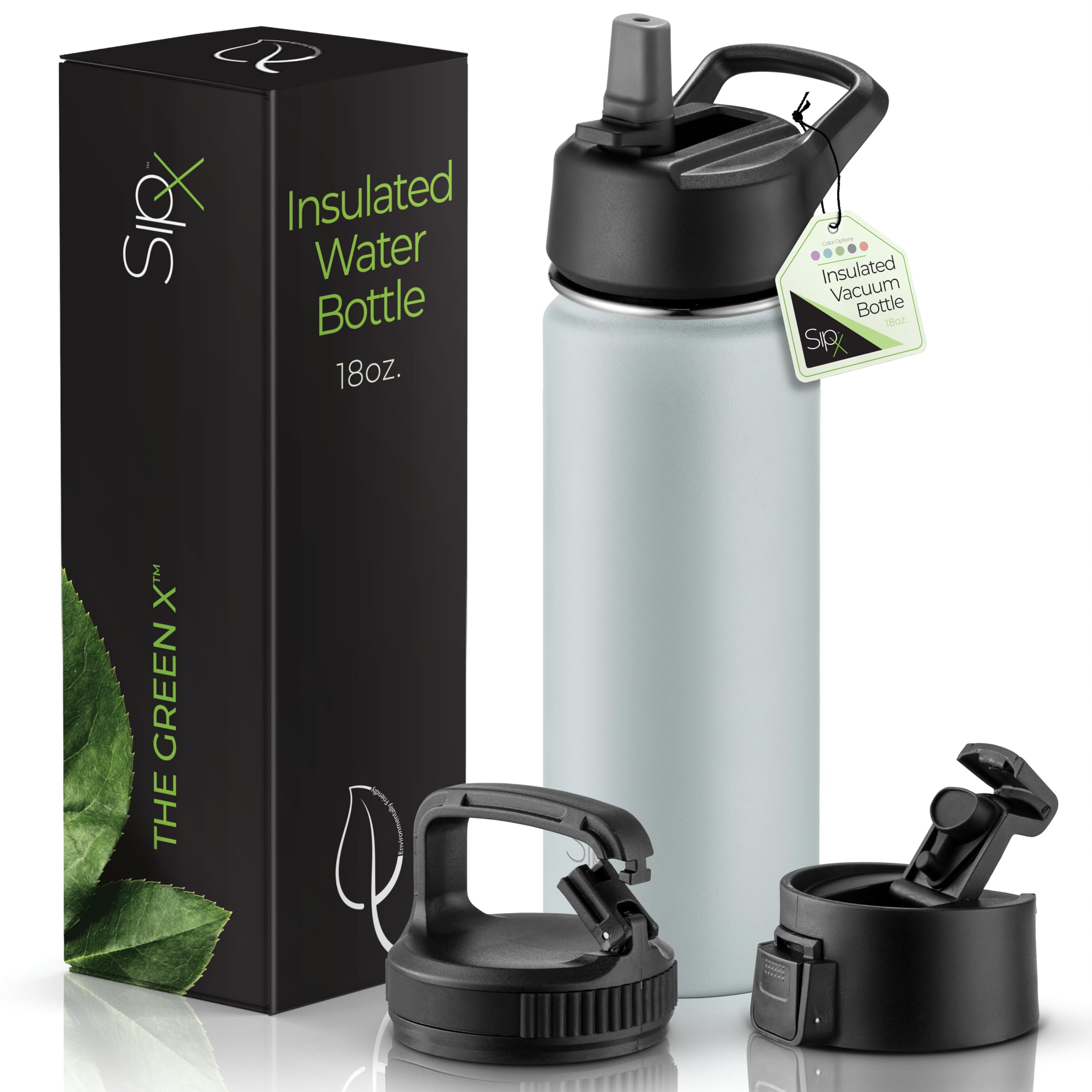 SIPX™ 40 oz Insulated Water Bottle with 3 Lids – Leakproof Stainless Steel, Triple Insulated – Cold 24 Hours/Hot 12 Hours – Durable Bottle for School, Gym, Travel – White