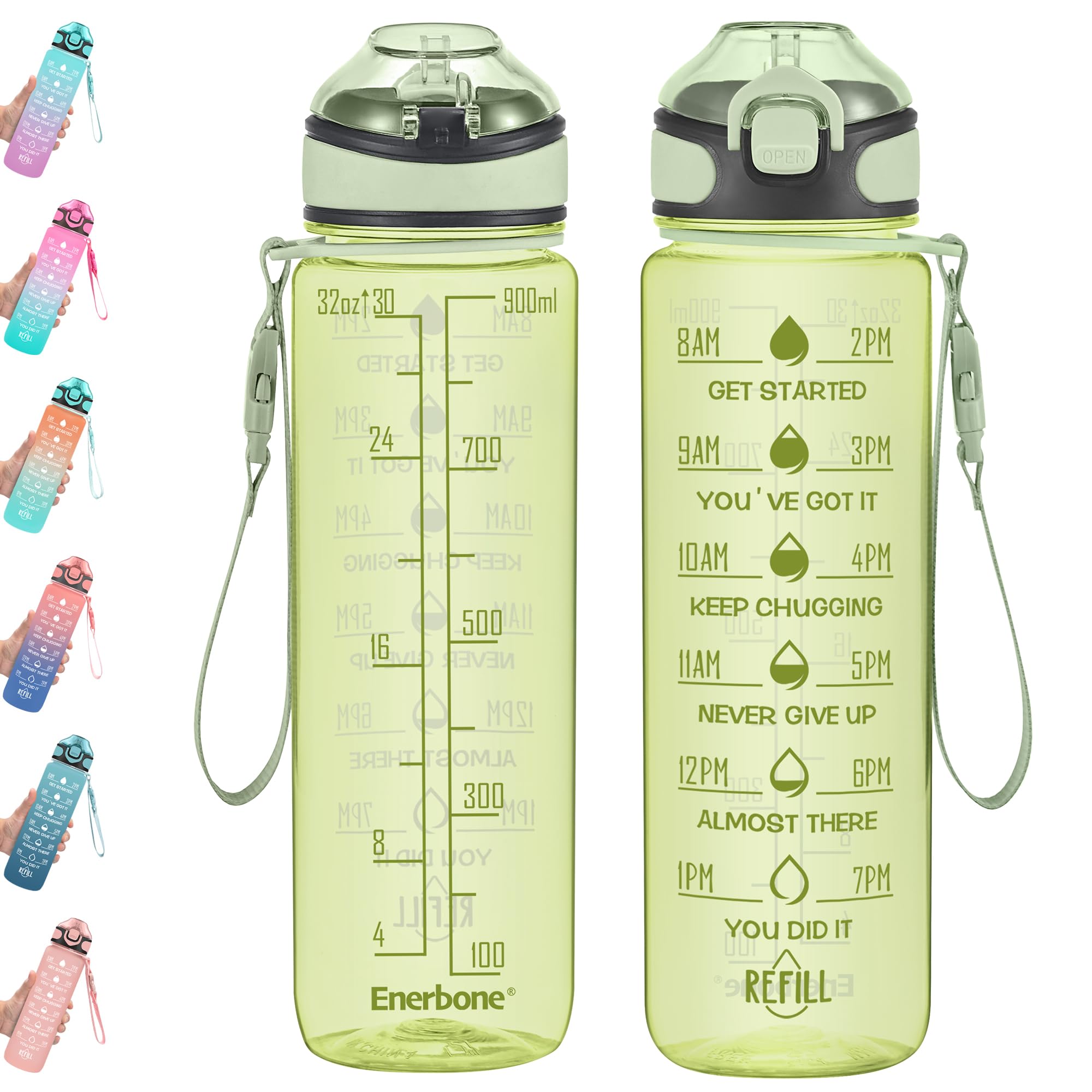 Enerbone 32 oz Drinking Water Bottle with Times to Drink and Straw, Motivational with Carrying Strap, Leakproof BPA & Toxic Free, Ensure You Drink Enough Water for Fitness Gym Outdoor