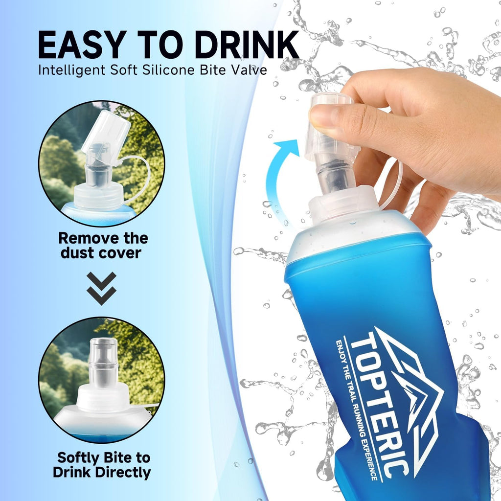 TOPTERIC Collapsible Soft Flask Water Bottle, TPU Soft Folding Flexible Water Bottles for Hydration Pack/Running Vest, BPA/PVC Free, Ideal for Running Hiking Cycling Climbing (150ml)