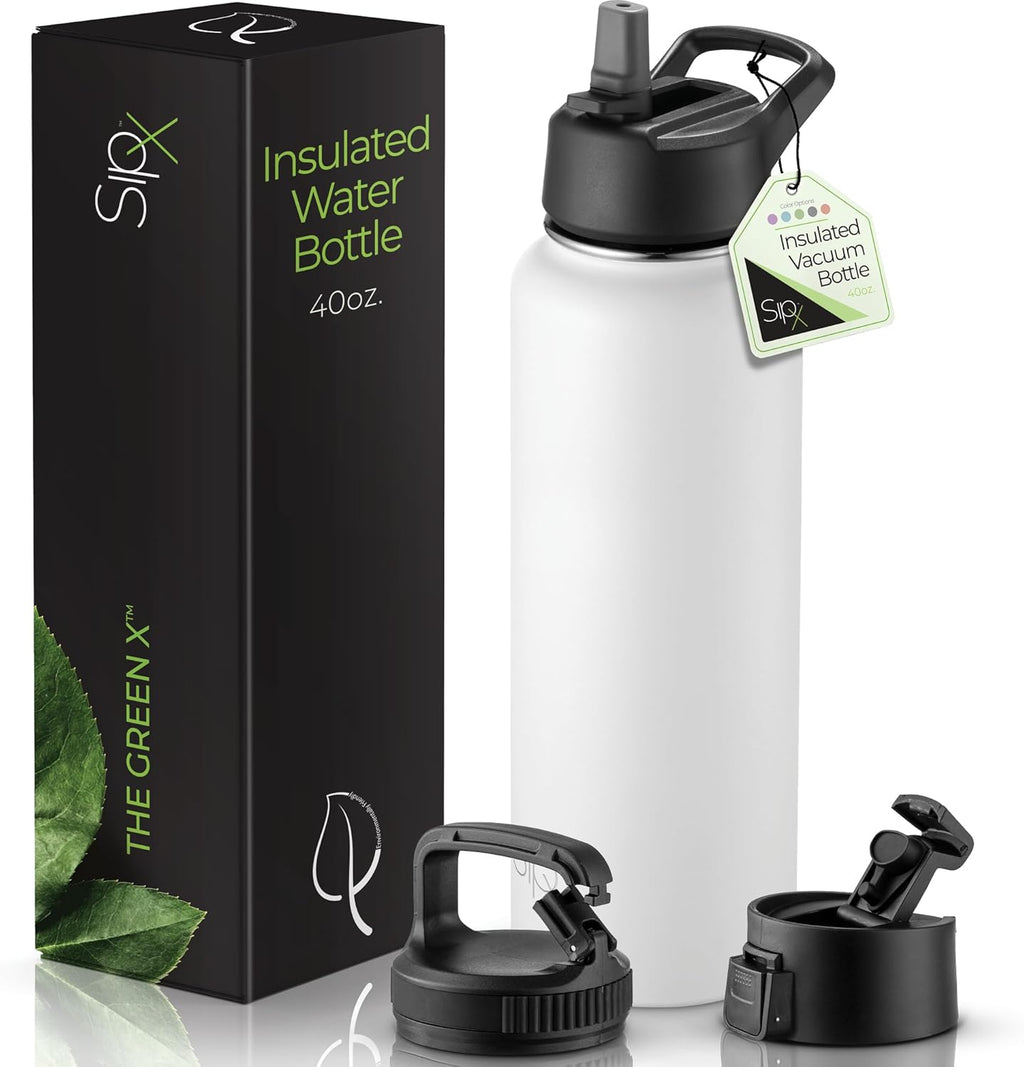 SIPX™ 40 oz Insulated Water Bottle with 3 Lids – Leakproof Stainless Steel, Triple Insulated – Cold 24 Hours/Hot 12 Hours – Durable Bottle for School, Gym, Travel – White