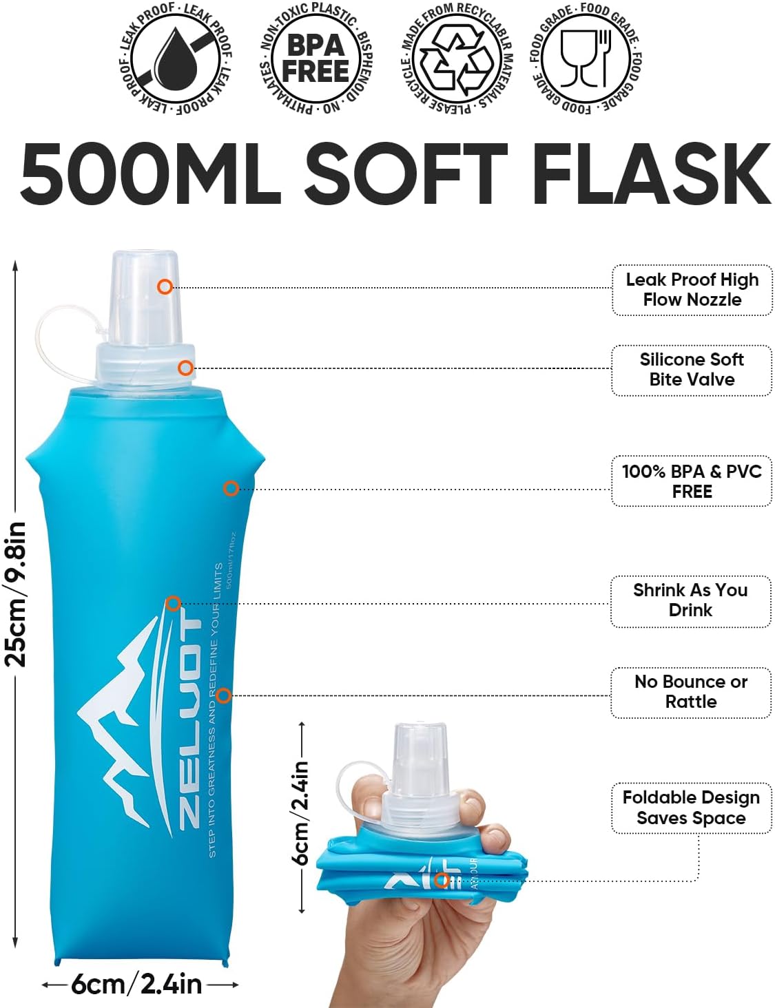 Zelvot Running Vest Soft Flask, BPA-Free 500ml Collapsible Water Bottle for Hydration Backpack, Folding Running Water Bottle for Marathon Hiking Cycling Climbing (Pink, 500 ML)