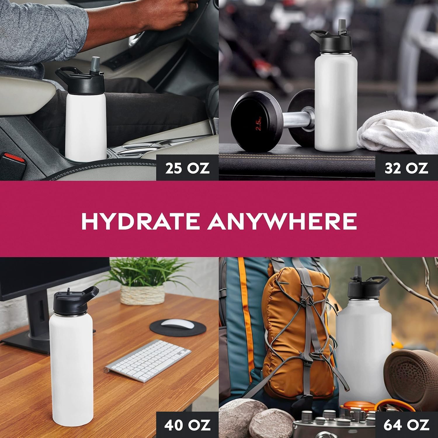 Triple-Insulated Stainless Steel Water Bottles with Straw, 25 Oz Reusable Insulated Water Bottles with 3 Lids, Metal Water Bottle for Travel, School, Sports, Gym/Men, Women & Kids (Pearly White)