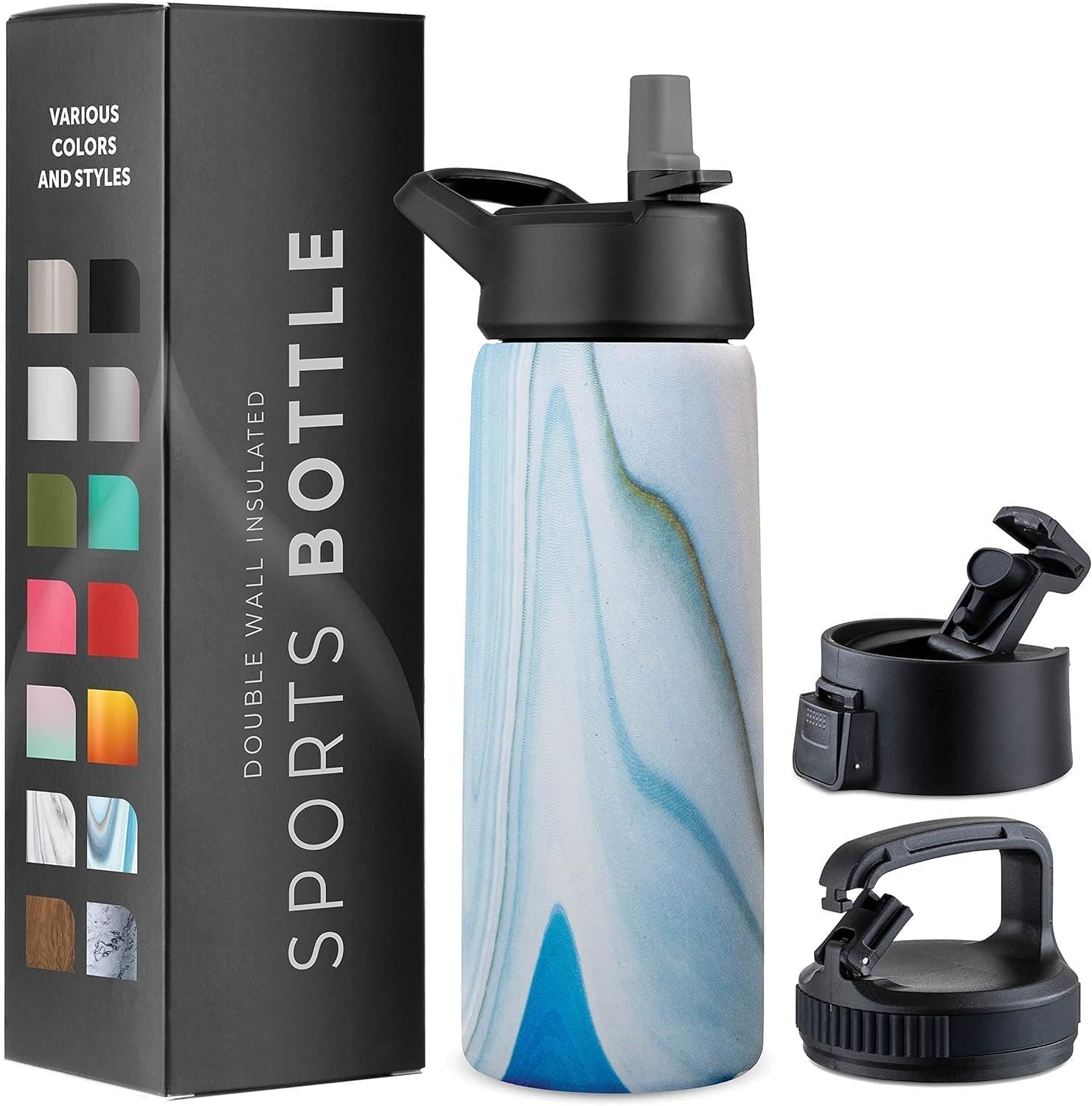 Triple-Insulated Stainless Steel Water Bottles with Straw, 25 Oz Reusable Insulated Water Bottles with 3 Lids, Metal Water Bottle for Travel, School, Sports, Gym/Men, Women & Kids (Pearly White)