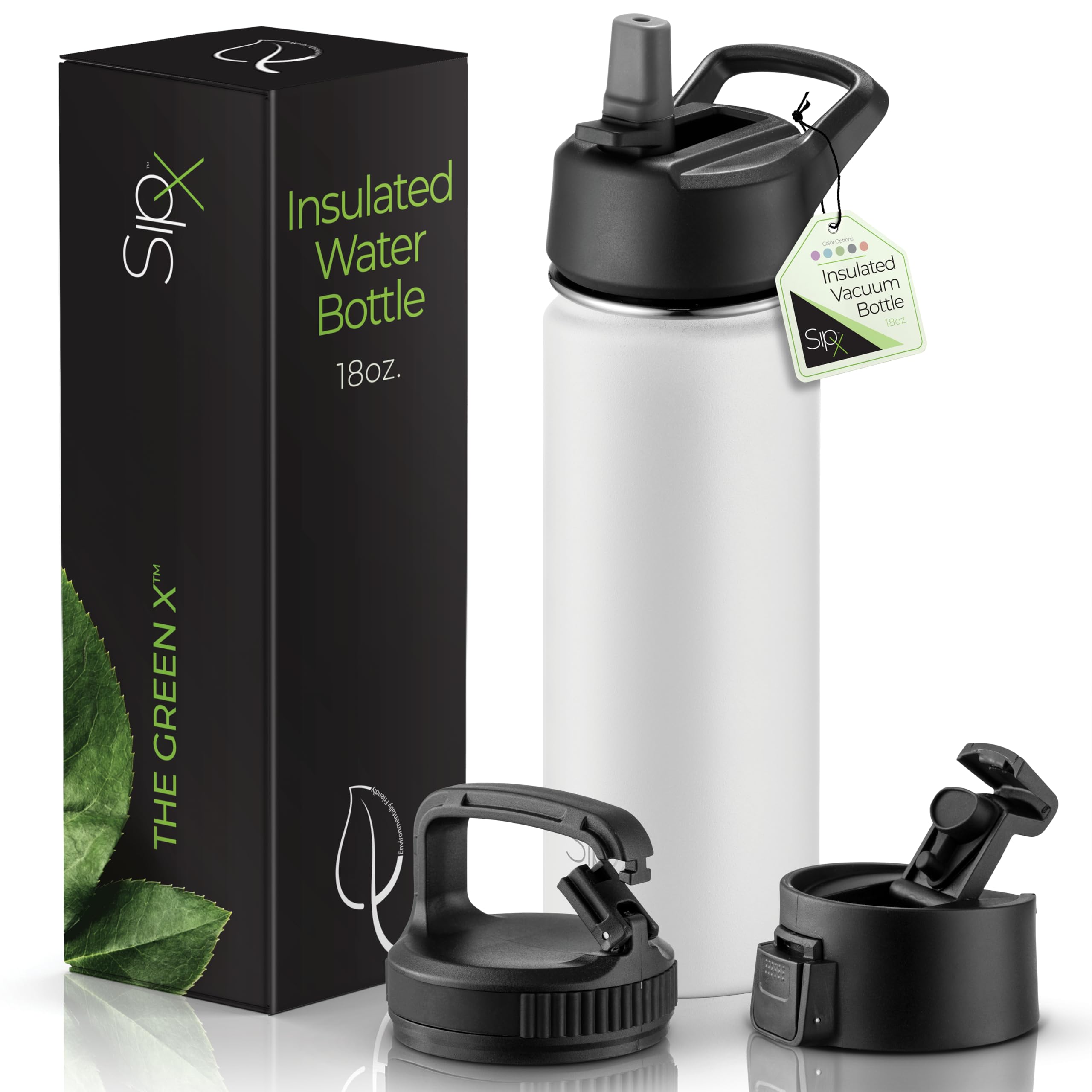 SIPX™ 40 oz Insulated Water Bottle with 3 Lids – Leakproof Stainless Steel, Triple Insulated – Cold 24 Hours/Hot 12 Hours – Durable Bottle for School, Gym, Travel – White