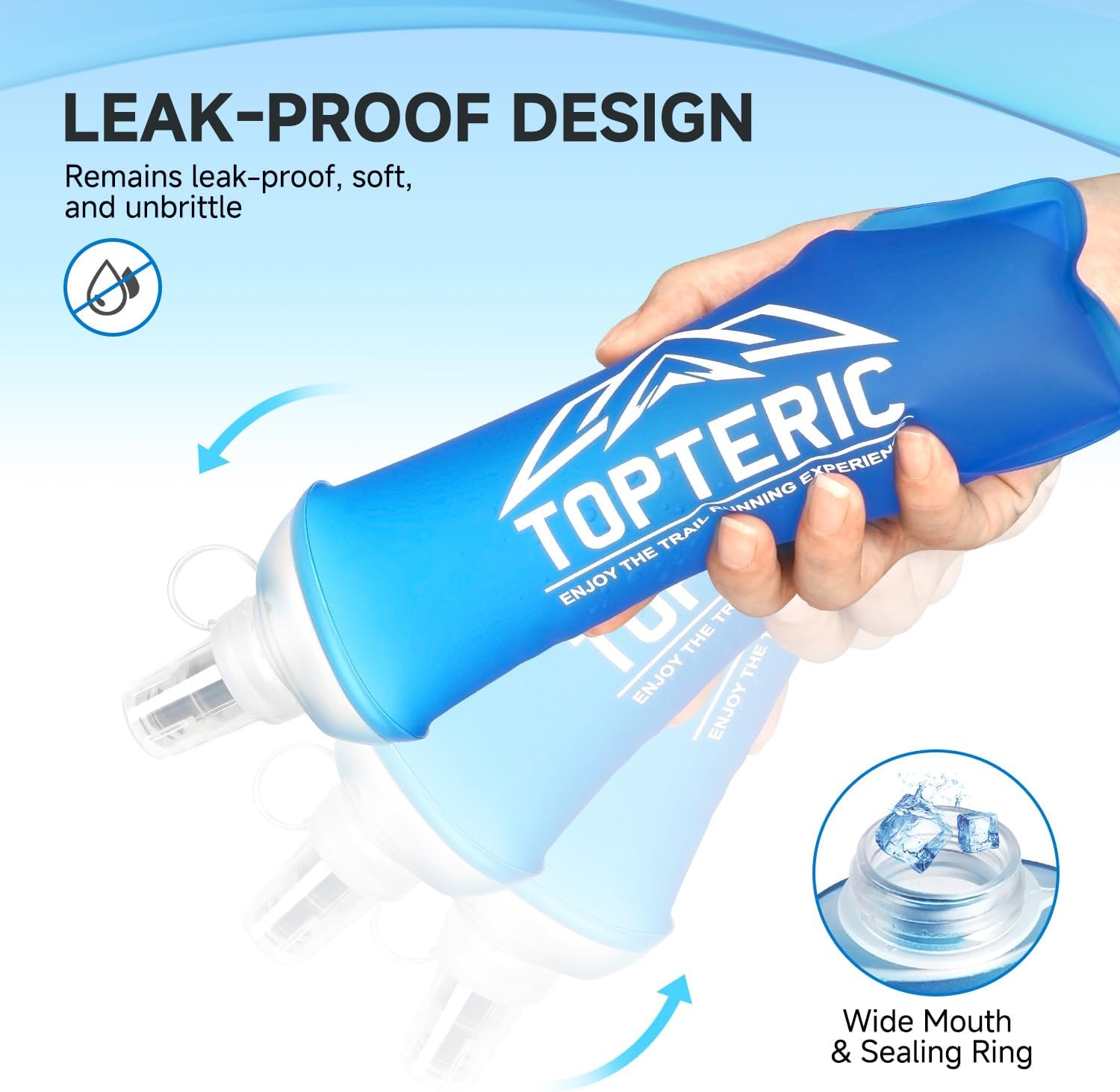 TOPTERIC Collapsible Soft Flask Water Bottle, TPU Soft Folding Flexible Water Bottles for Hydration Pack/Running Vest, BPA/PVC Free, Ideal for Running Hiking Cycling Climbing (150ml)