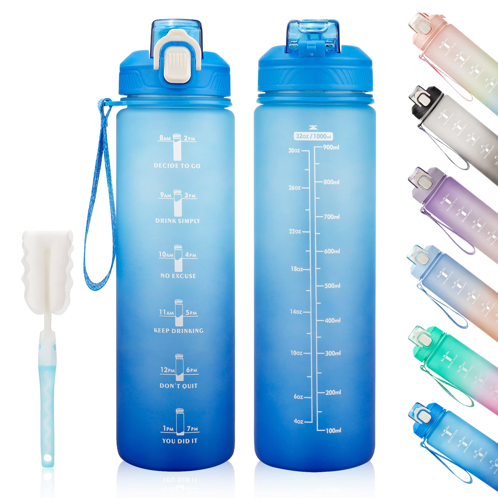 YC Kitchen Motivational Water Bottle with Time Marker- 32oz Water Bottles with Times to Drink, Leakproof & BPA Free Sports Water Bottle with Straw & Carry Strap for Fitness, Gym, and Outdoor Sports