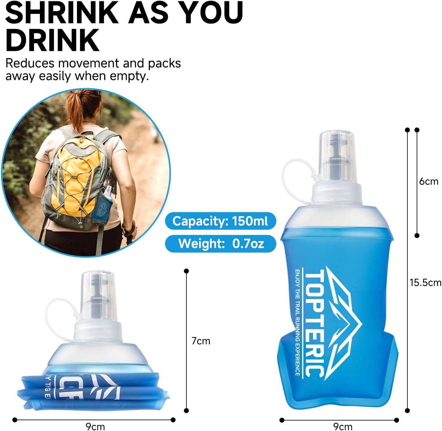 TOPTERIC Collapsible Soft Flask Water Bottle, TPU Soft Folding Flexible Water Bottles for Hydration Pack/Running Vest, BPA/PVC Free, Ideal for Running Hiking Cycling Climbing (150ml)