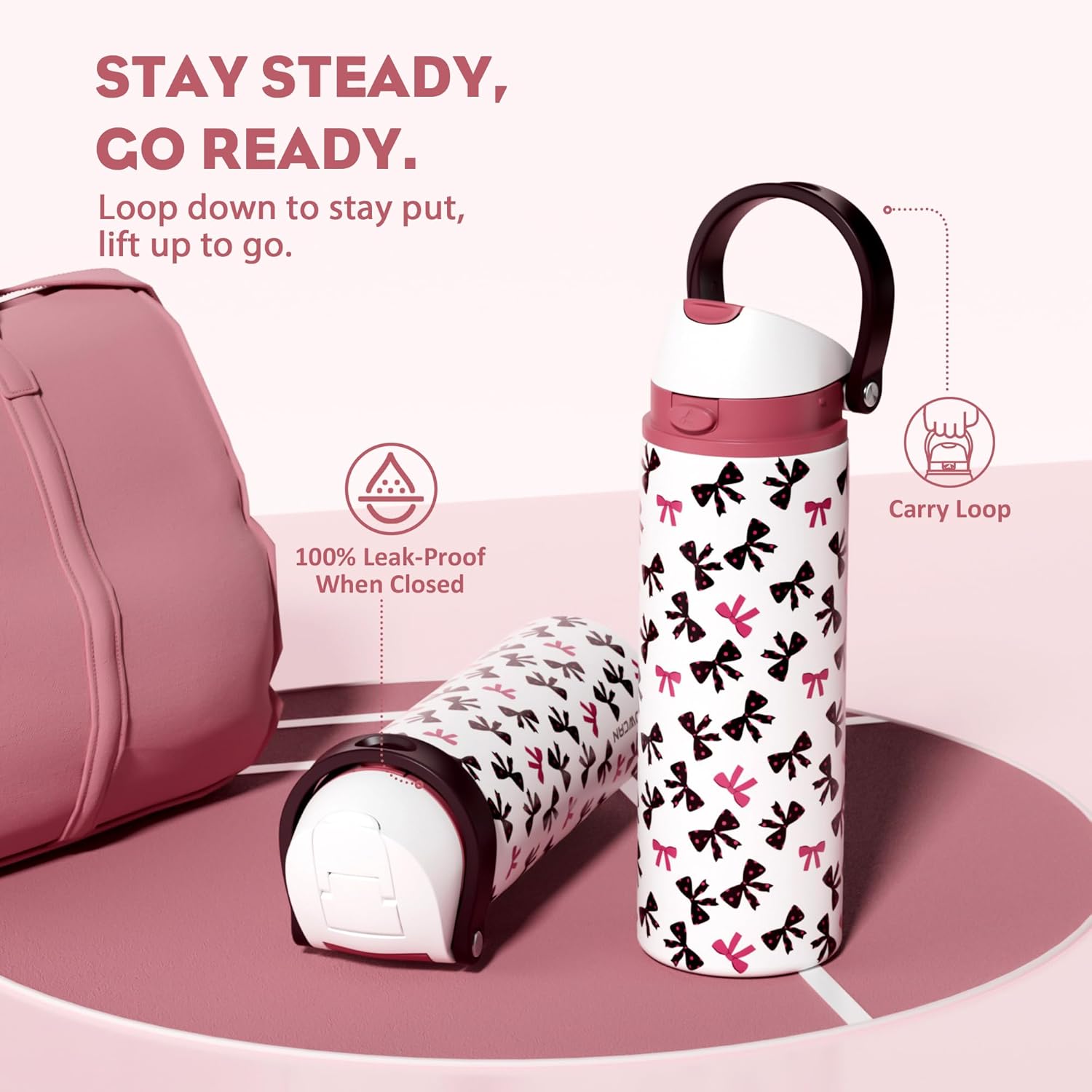POWCAN 24 oz Insulated Water Bottle with Straw: 2-in-1 Push-Button Spout & Quick-Flip Straw, Leakproof, Cold 24Hrs, Fits Car Cup Holder, Stainless Sports Bottle for Gym, Travel Gift (Pretty in Bows)