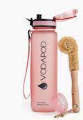 VODAPOD Motivational Water Bottle with Time Marker | 32oz Daily Water Intake Bottle | Gym Sports Water Bottle | Fruit Infuser Screen | 1 Liter BPA-Free Durable Leakproof with Eco-Friendly Brush (Rose)