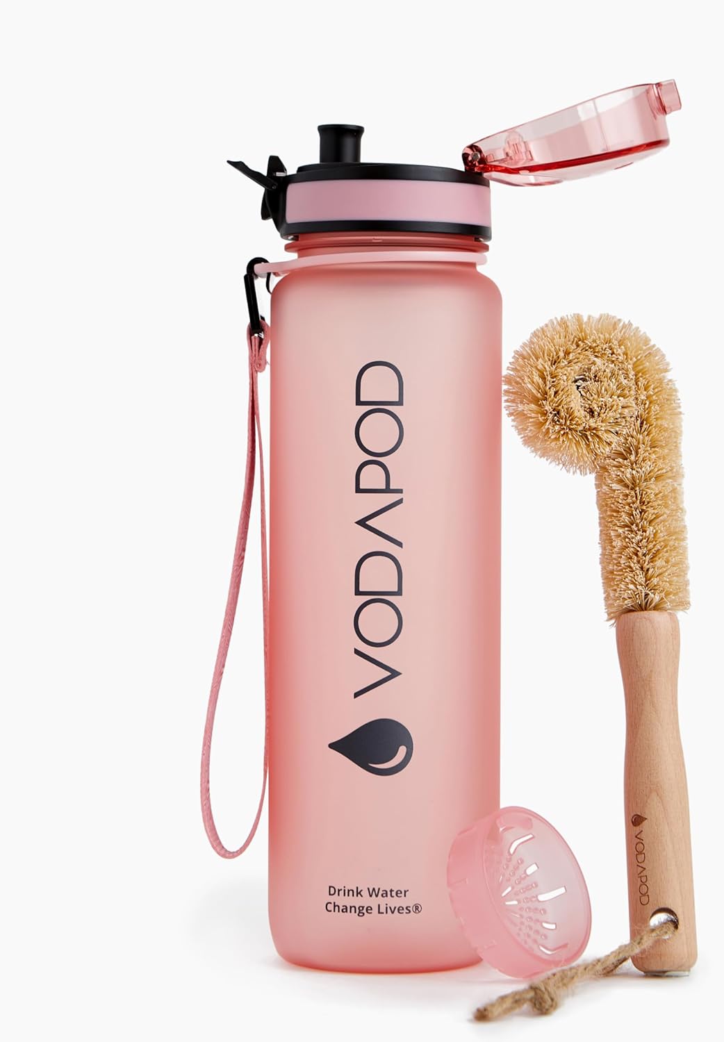 VODAPOD Motivational Water Bottle with Time Marker | 32oz Daily Water Intake Bottle | Gym Sports Water Bottle | Fruit Infuser Screen | 1 Liter BPA-Free Durable Leakproof with Eco-Friendly Brush (Rose)