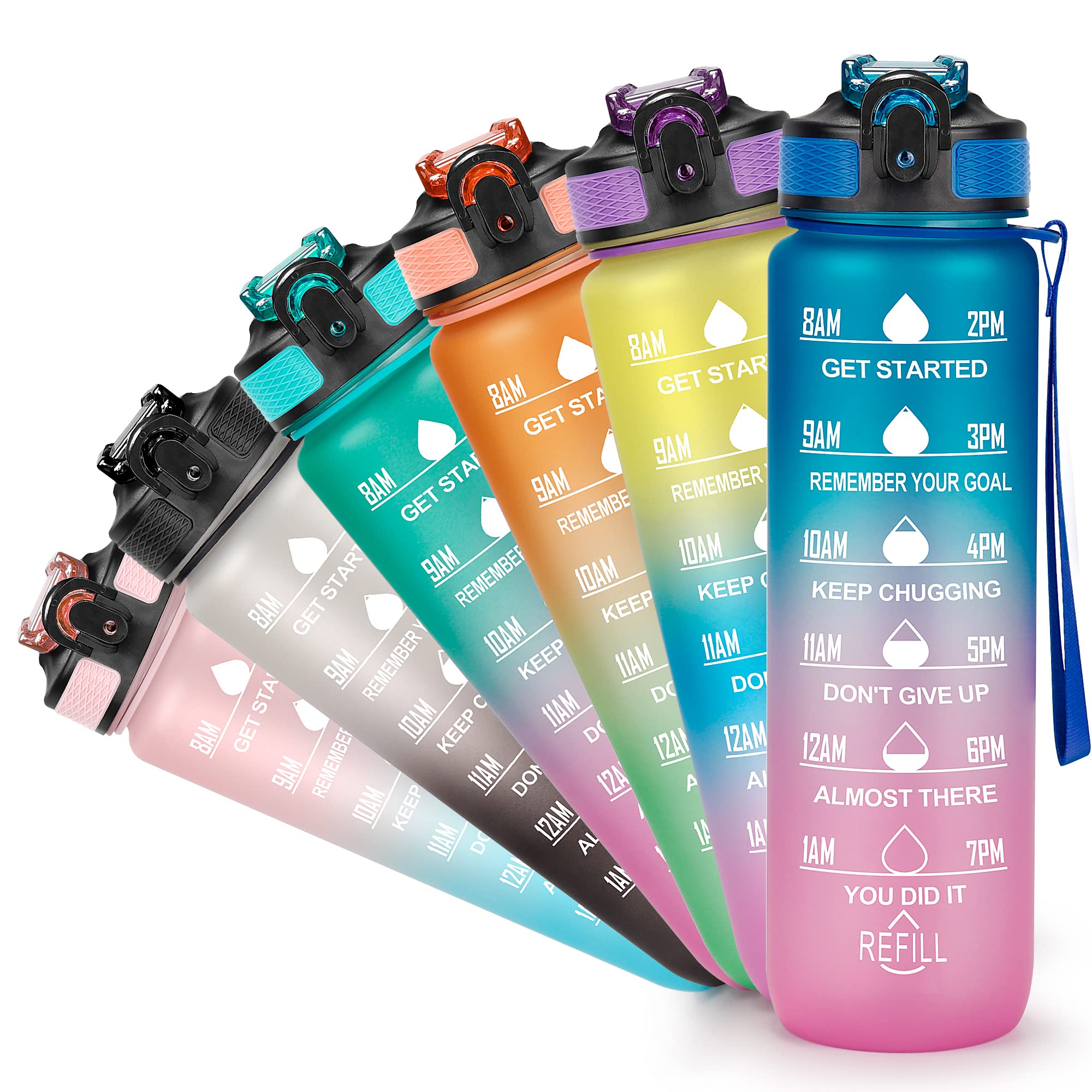 YC Kitchen Motivational Water Bottle with Time Marker- 32oz Water Bottles with Times to Drink, Leakproof & BPA Free Sports Water Bottle with Straw & Carry Strap for Fitness, Gym, and Outdoor Sports