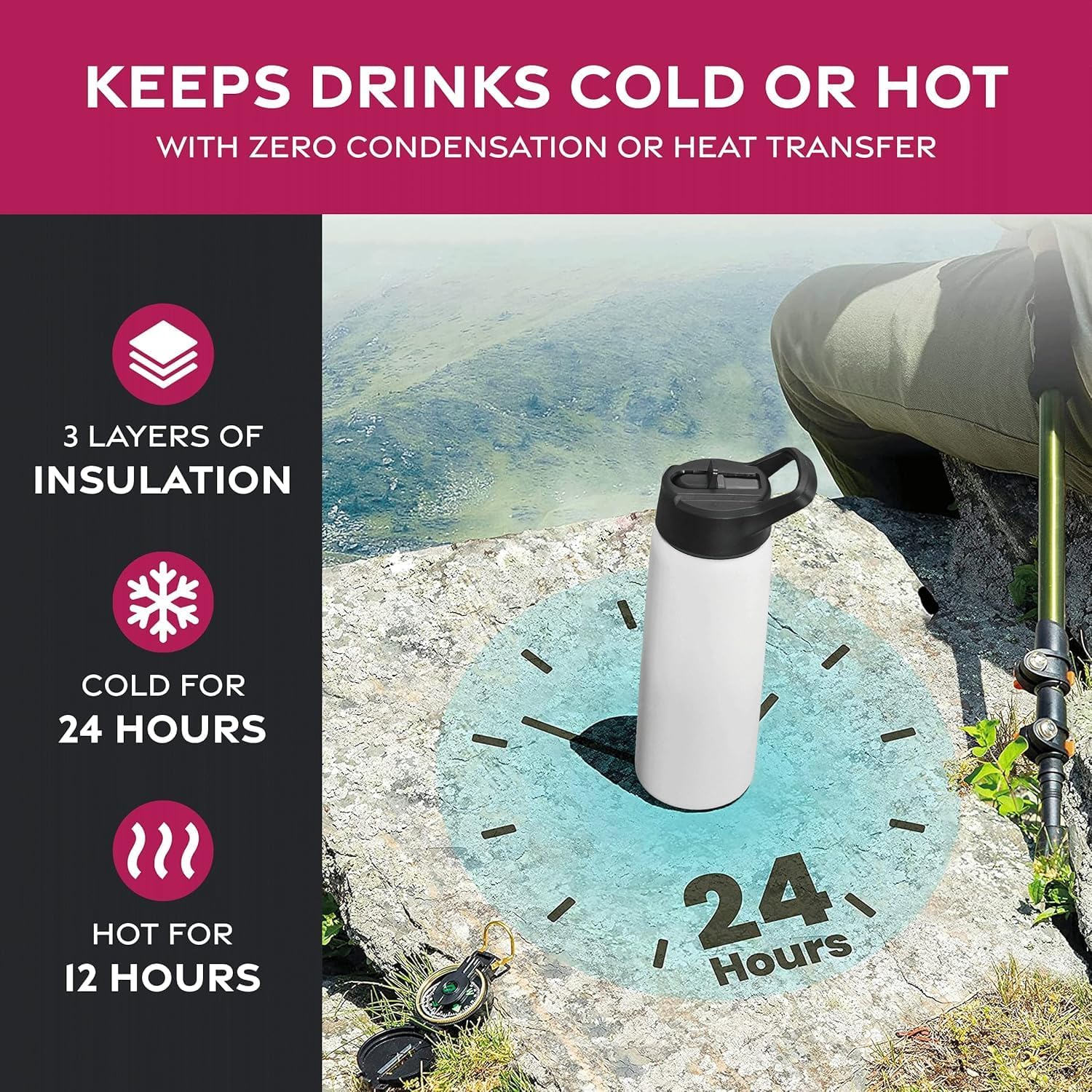 Triple-Insulated Stainless Steel Water Bottles with Straw, 25 Oz Reusable Insulated Water Bottles with 3 Lids, Metal Water Bottle for Travel, School, Sports, Gym/Men, Women & Kids (Pearly White)